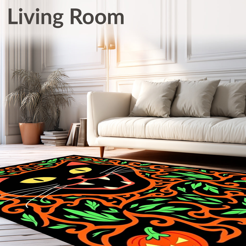 Halloween Black Cat Pumpkin Vines Rug