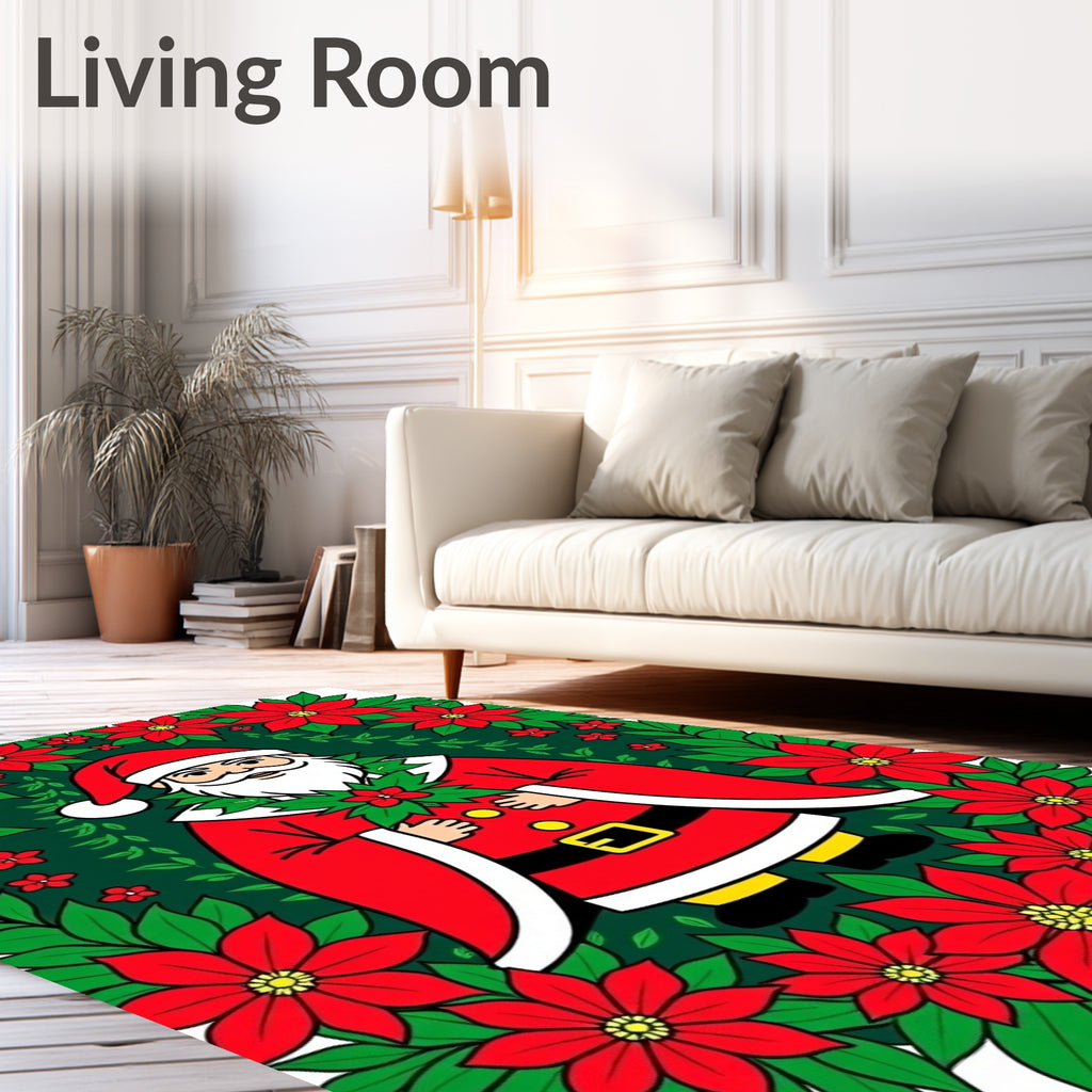 Classic Santa Holiday Poinsettia Wreath Rug