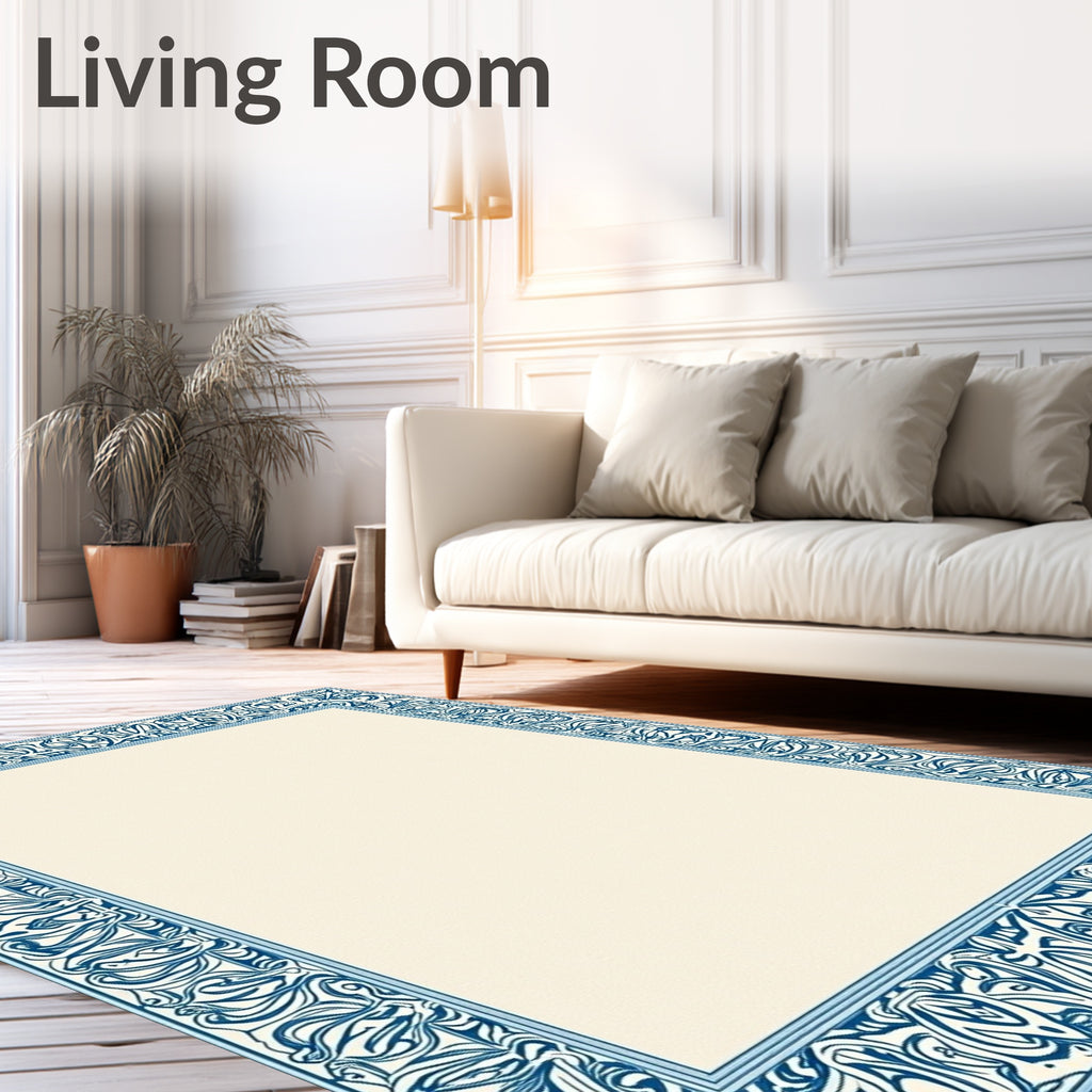 Intricate Blue Floral Border Cream Rug