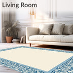 Intricate Blue Floral Border Cream Rug