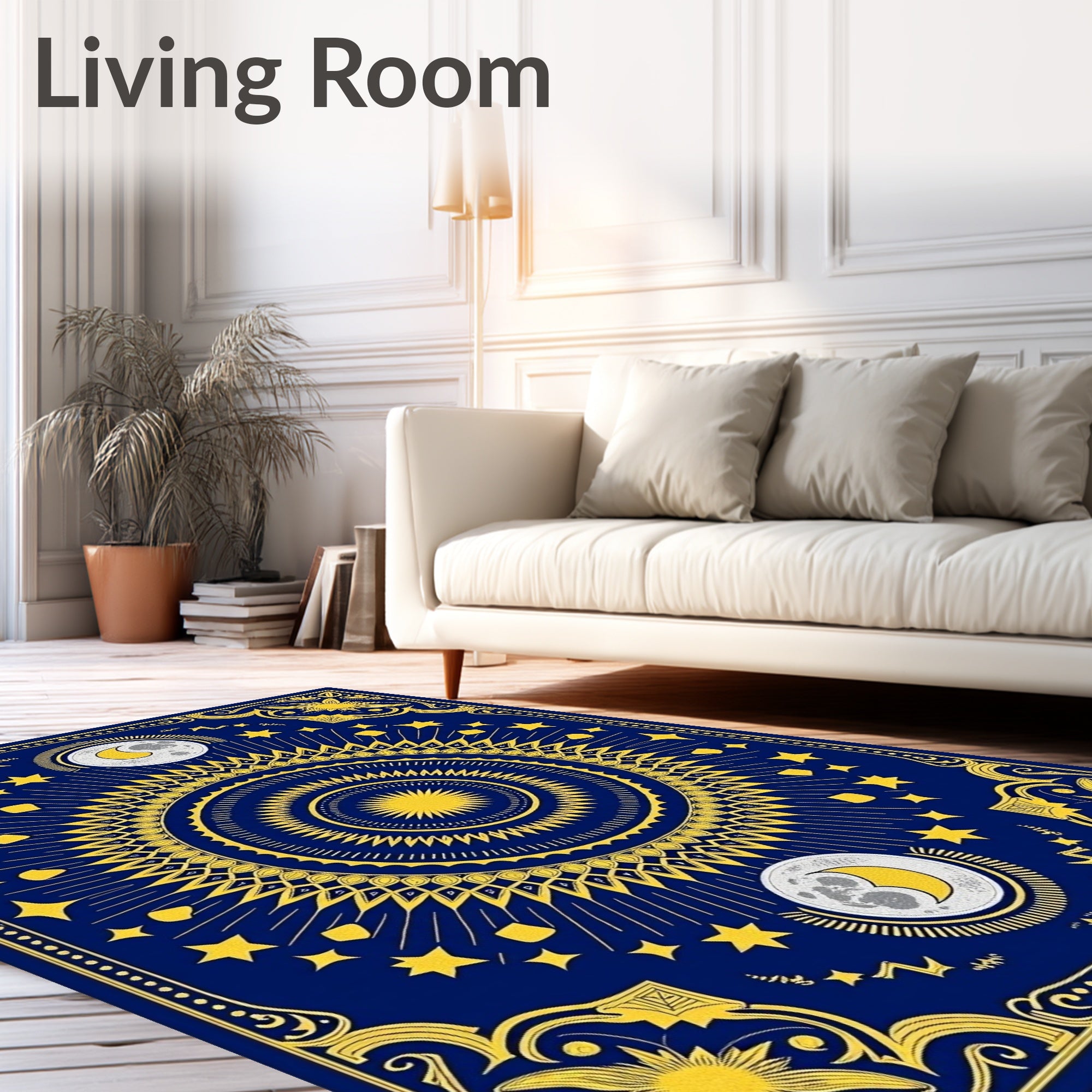 Deep Blue Celestial Sun Moon Stars Rug