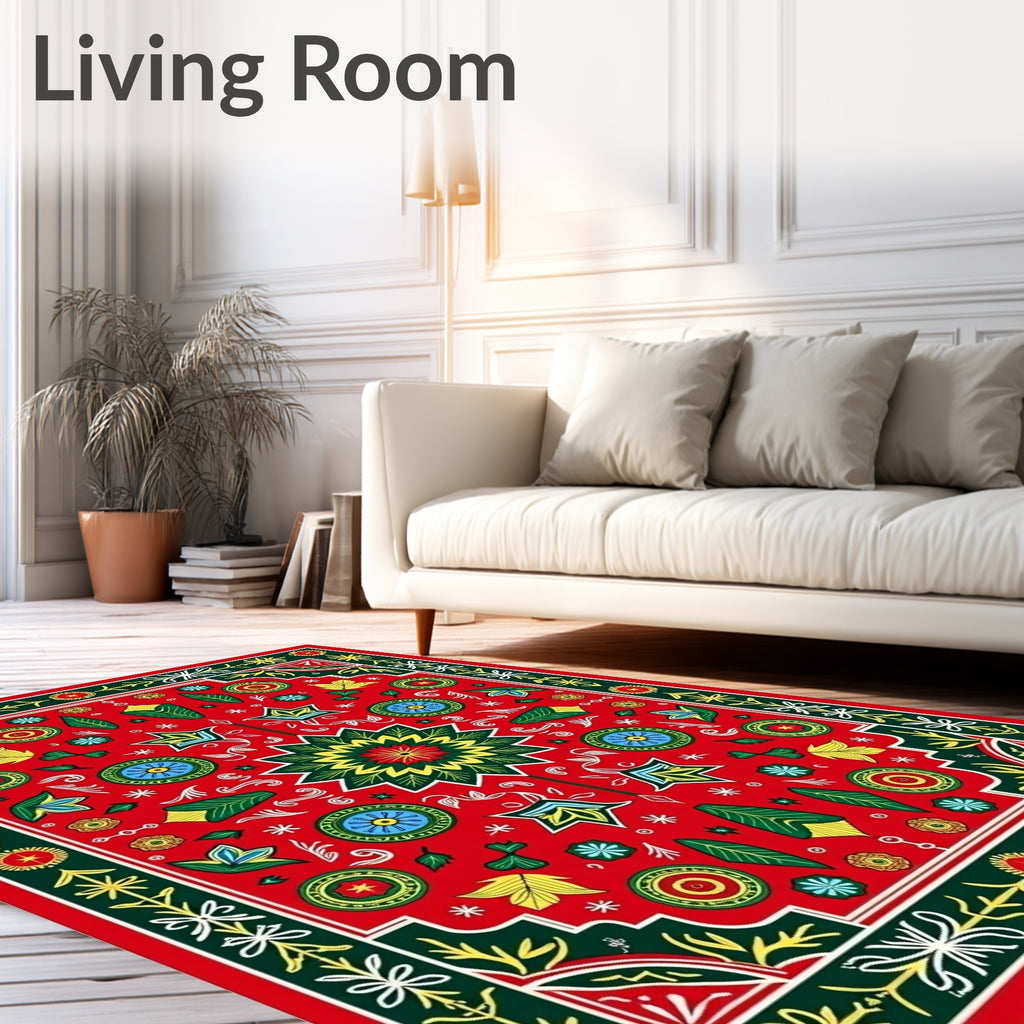 Bold Red Green Yellow Floral Medallion Rug