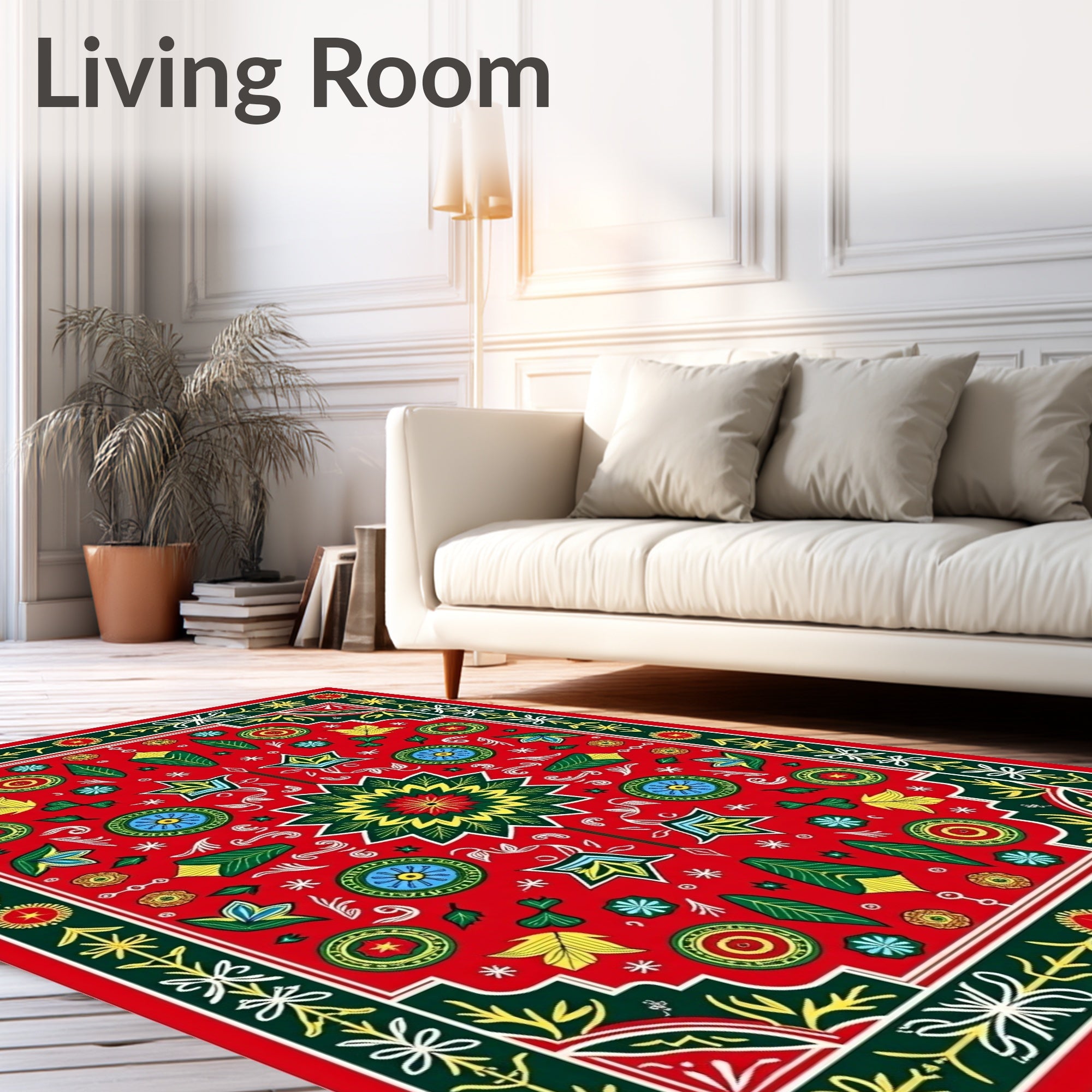 Bold Red Green Yellow Floral Medallion Rug