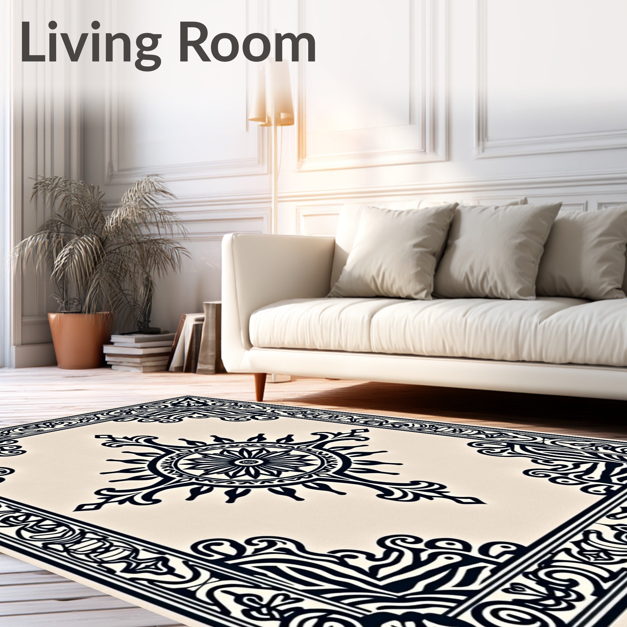 Black Ivory Medallion Sun Border Rug