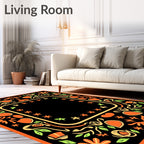 Orange Black Floral Border Accent Rug