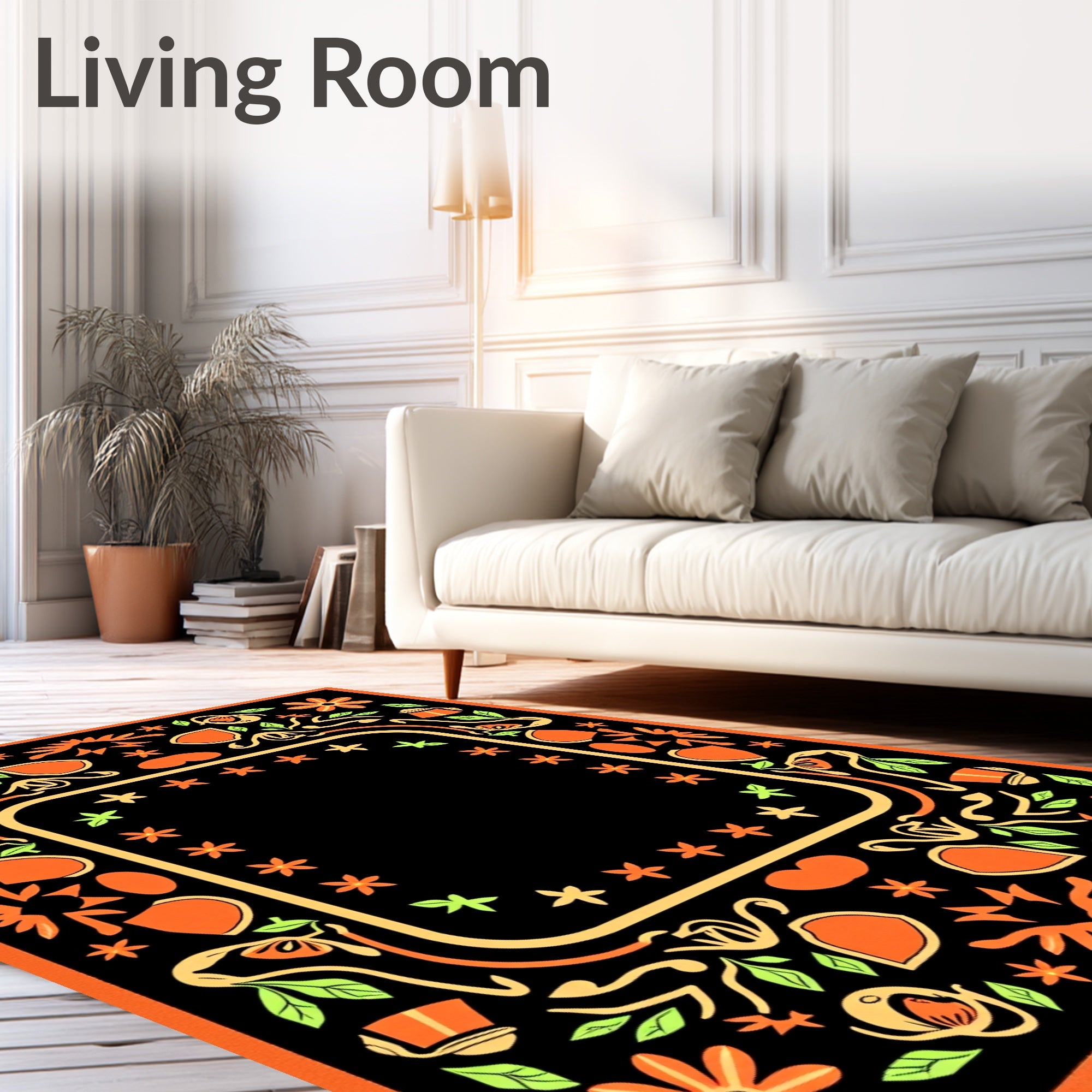 Orange Black Floral Border Accent Rug