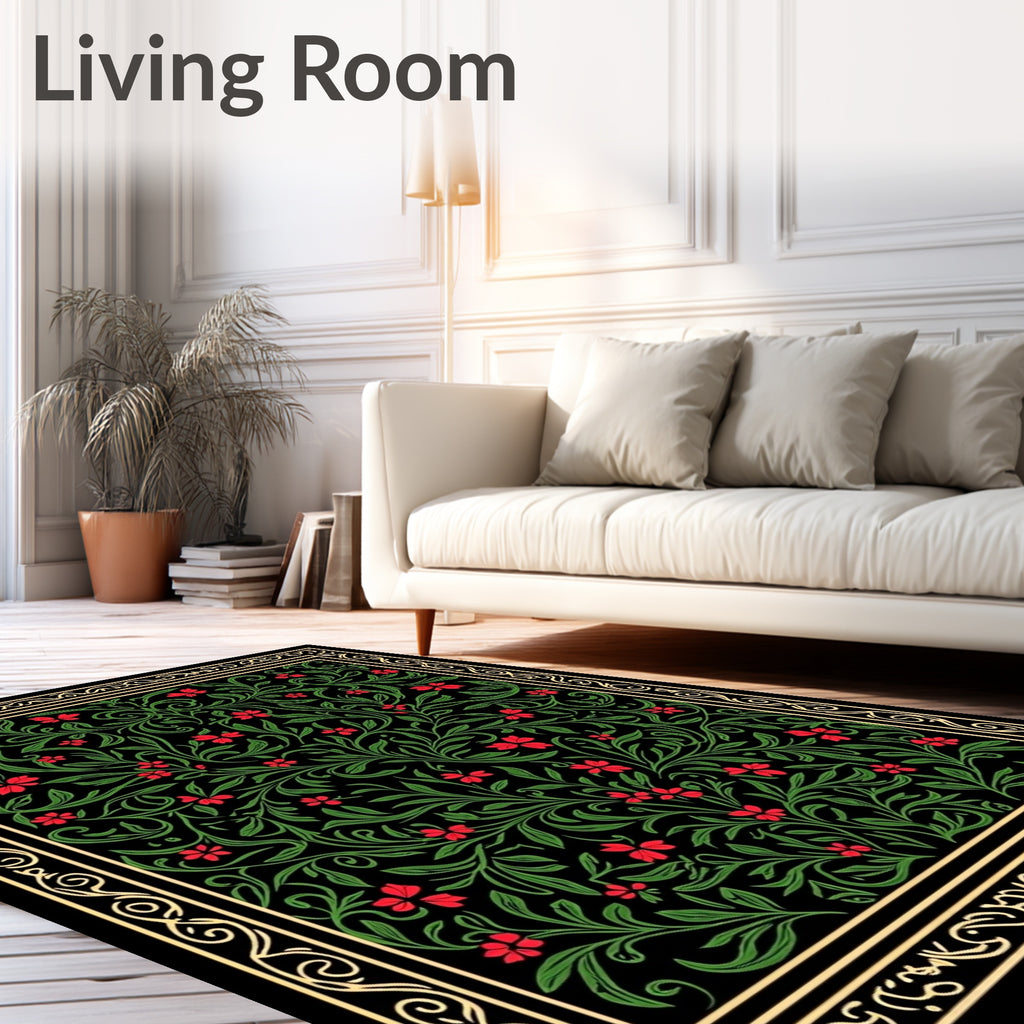 Black Crimson Floral Vine Scroll Rug