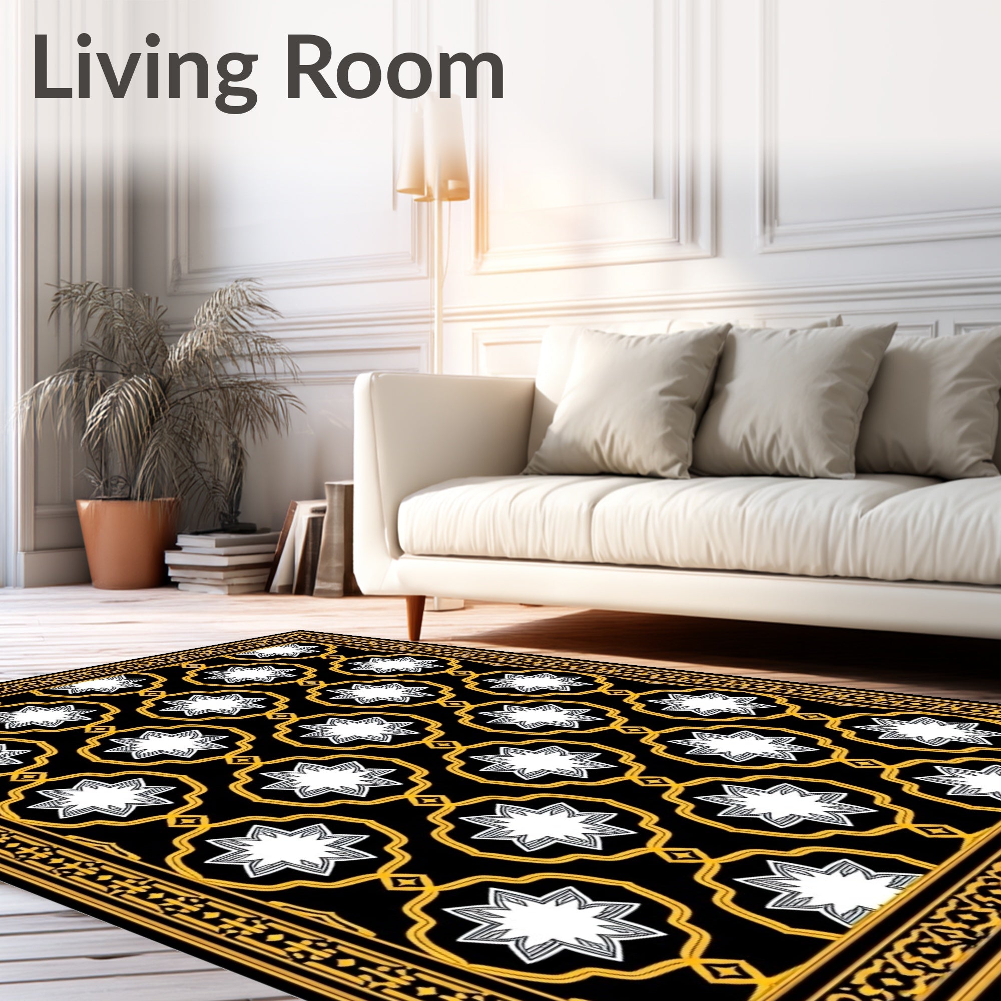 Black White Gold Starburst Medallion Rug