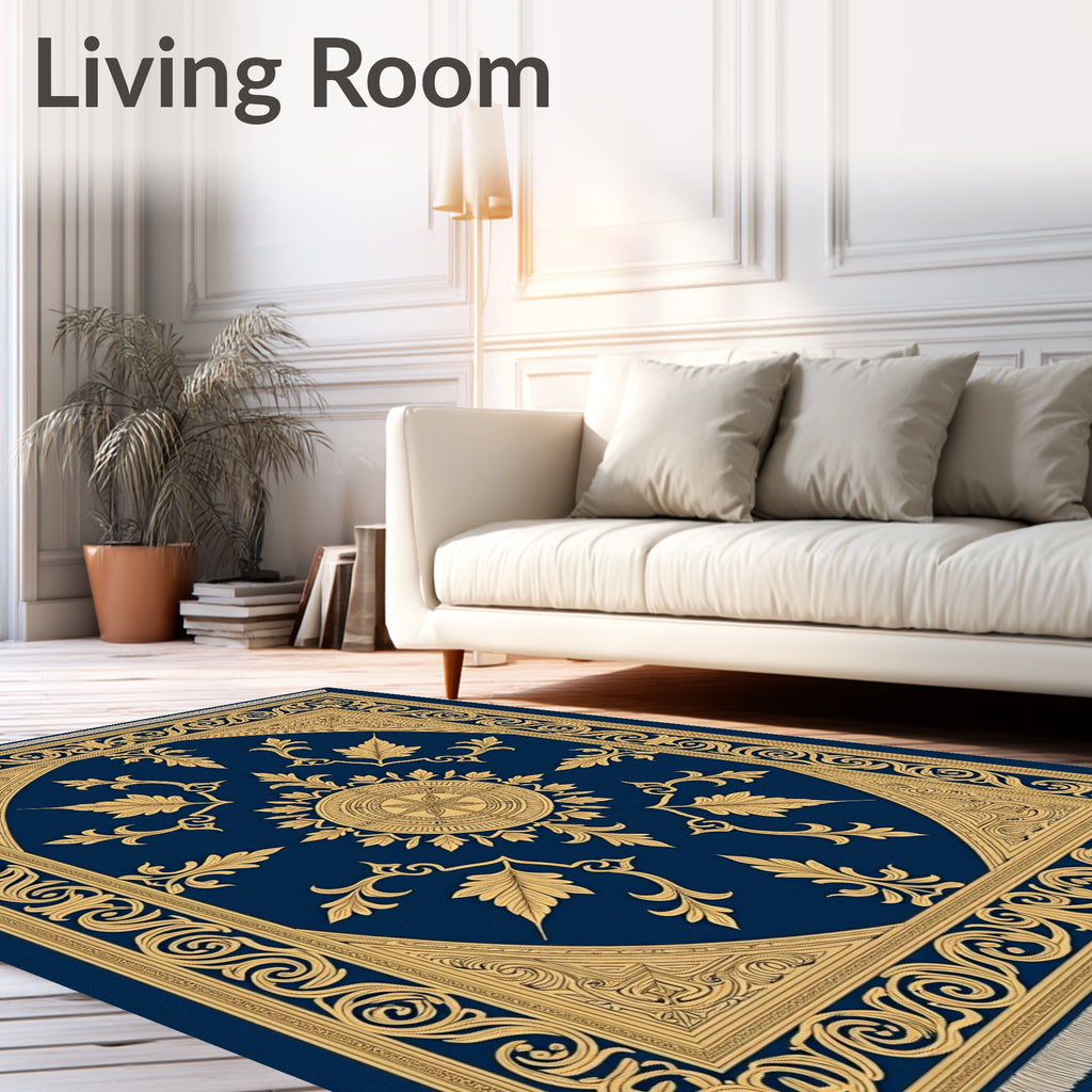 Ornate Gold Leaf Scrollwork Navy Rug
