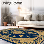 Ornate Gold Leaf Scrollwork Navy Rug