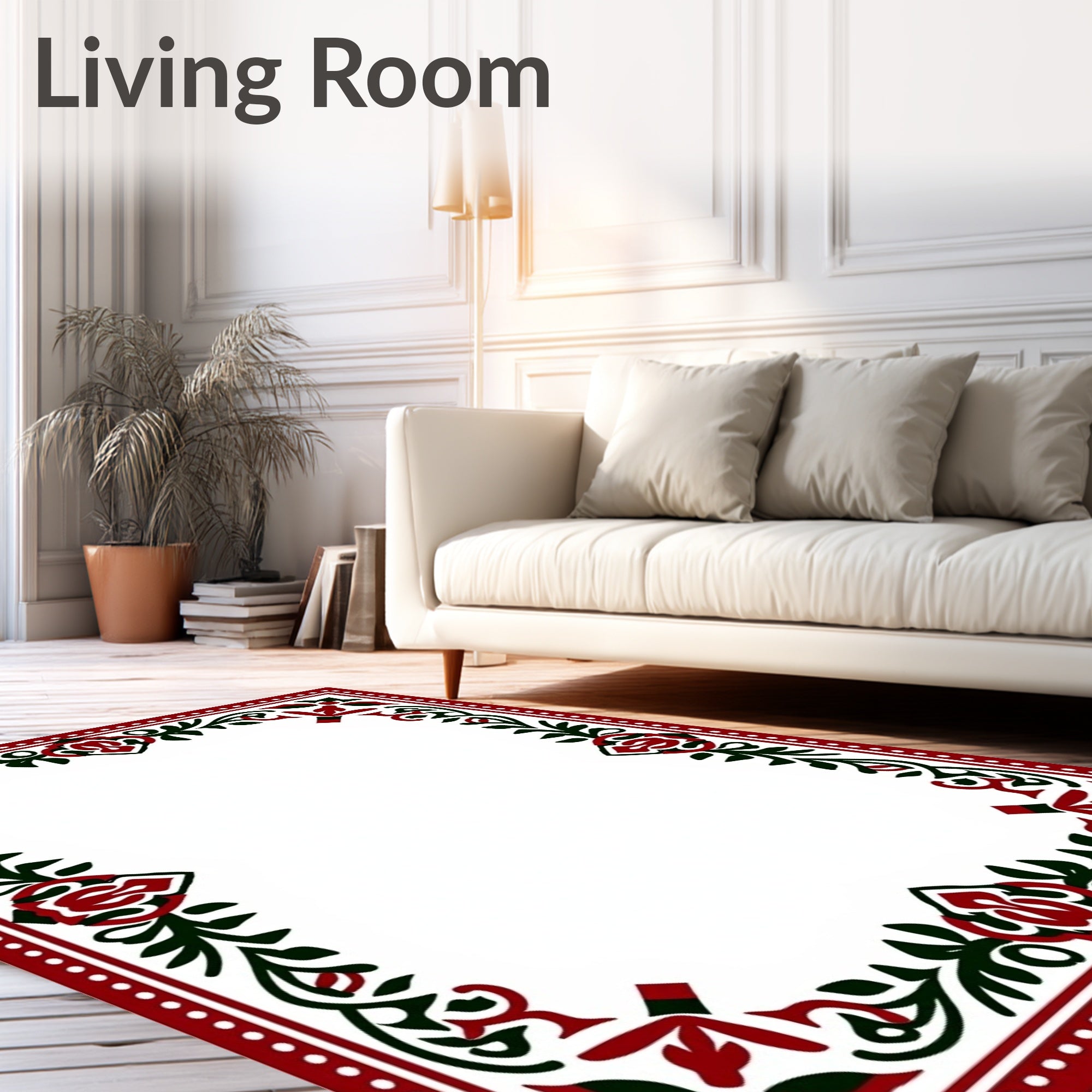Crimson Dark Green Floral Vine Border Rug