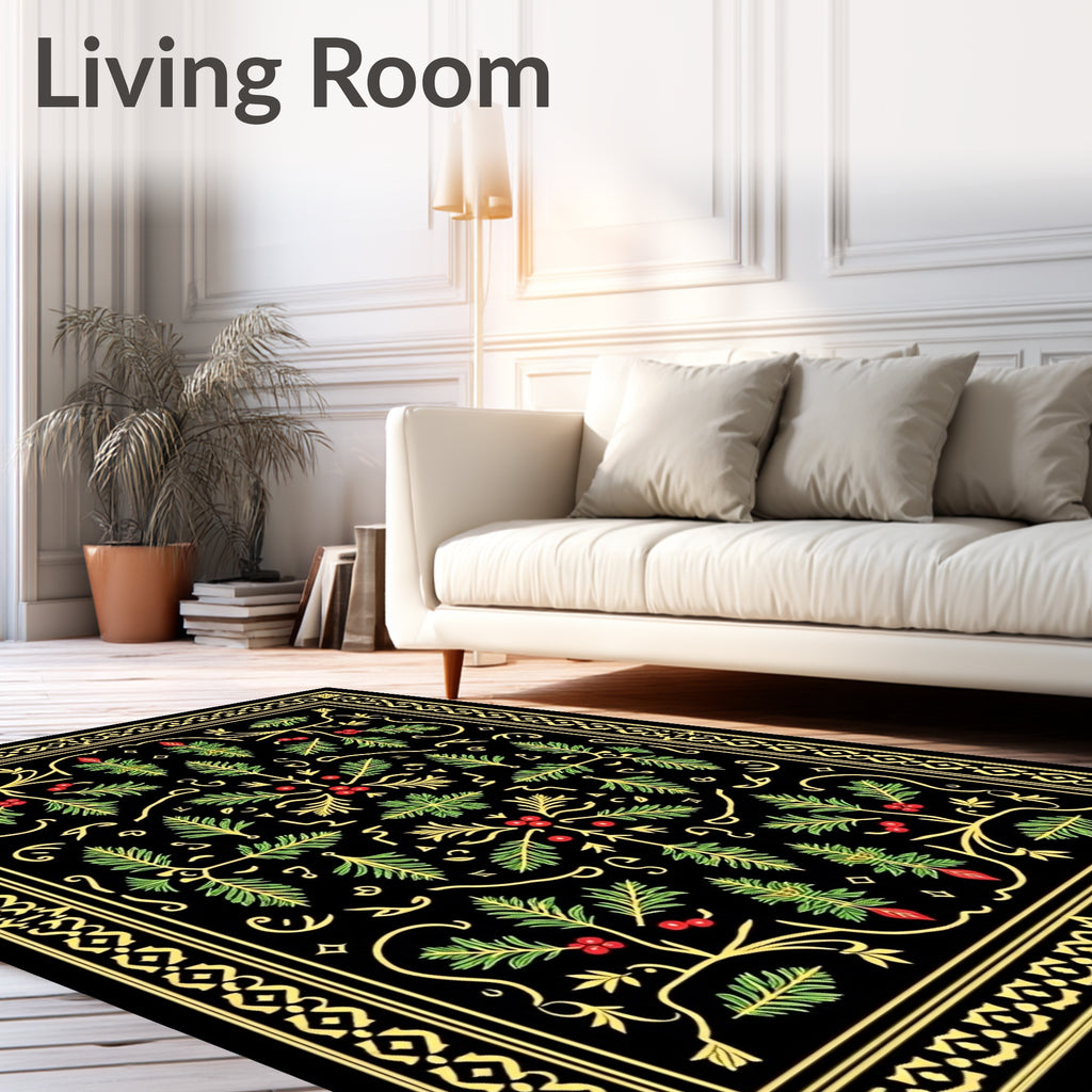 Ornate Black Evergreen Berry Garland Rug