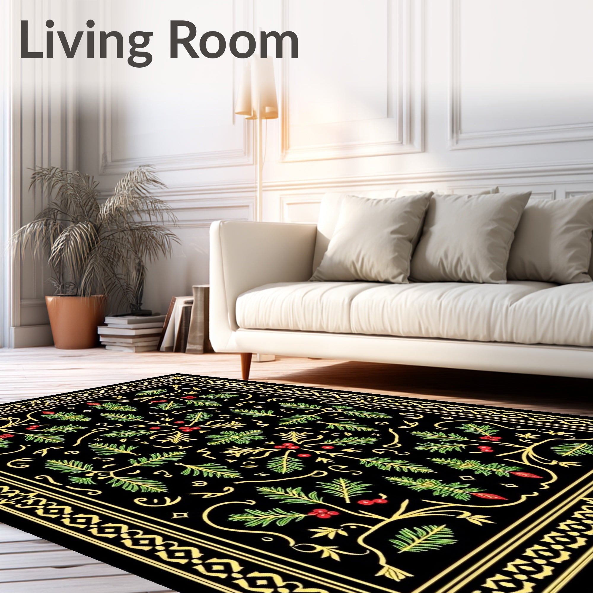 Ornate Black Evergreen Berry Garland Rug