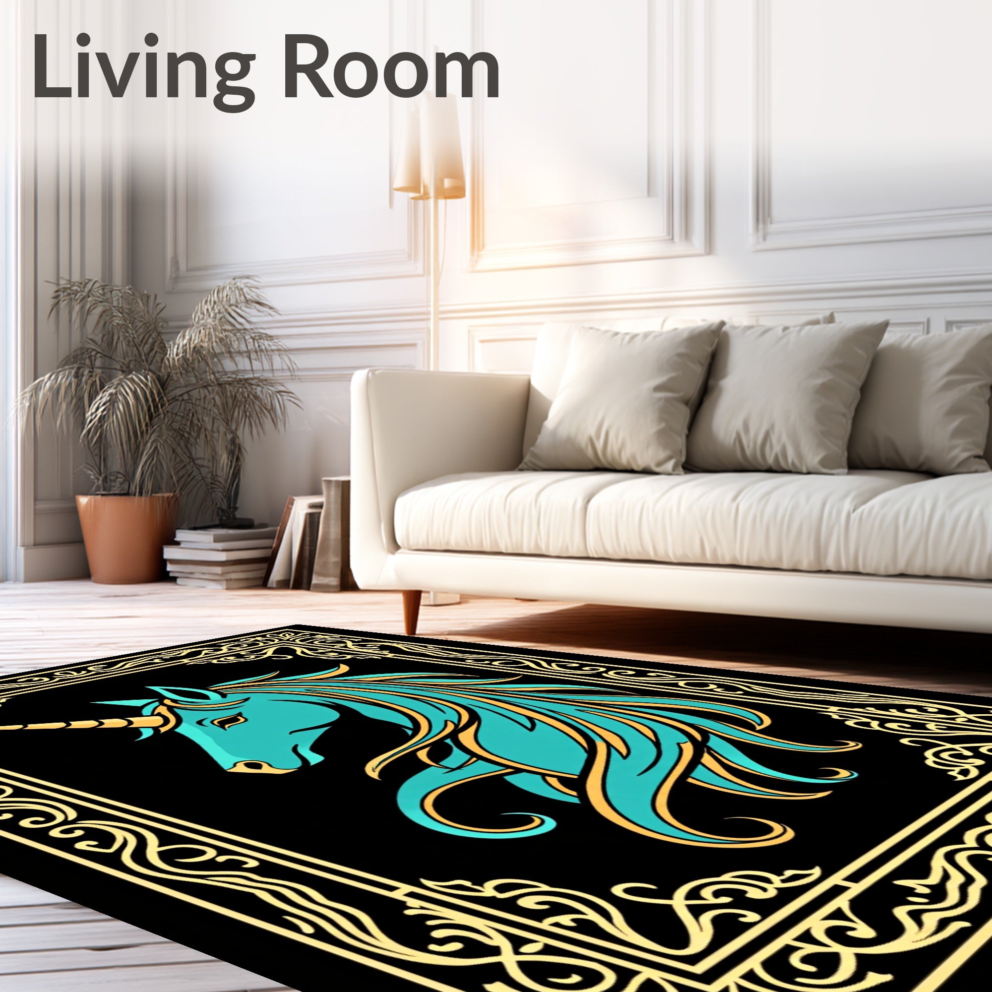 Aqua Unicorn Regal Gold Ornate Frame Rug