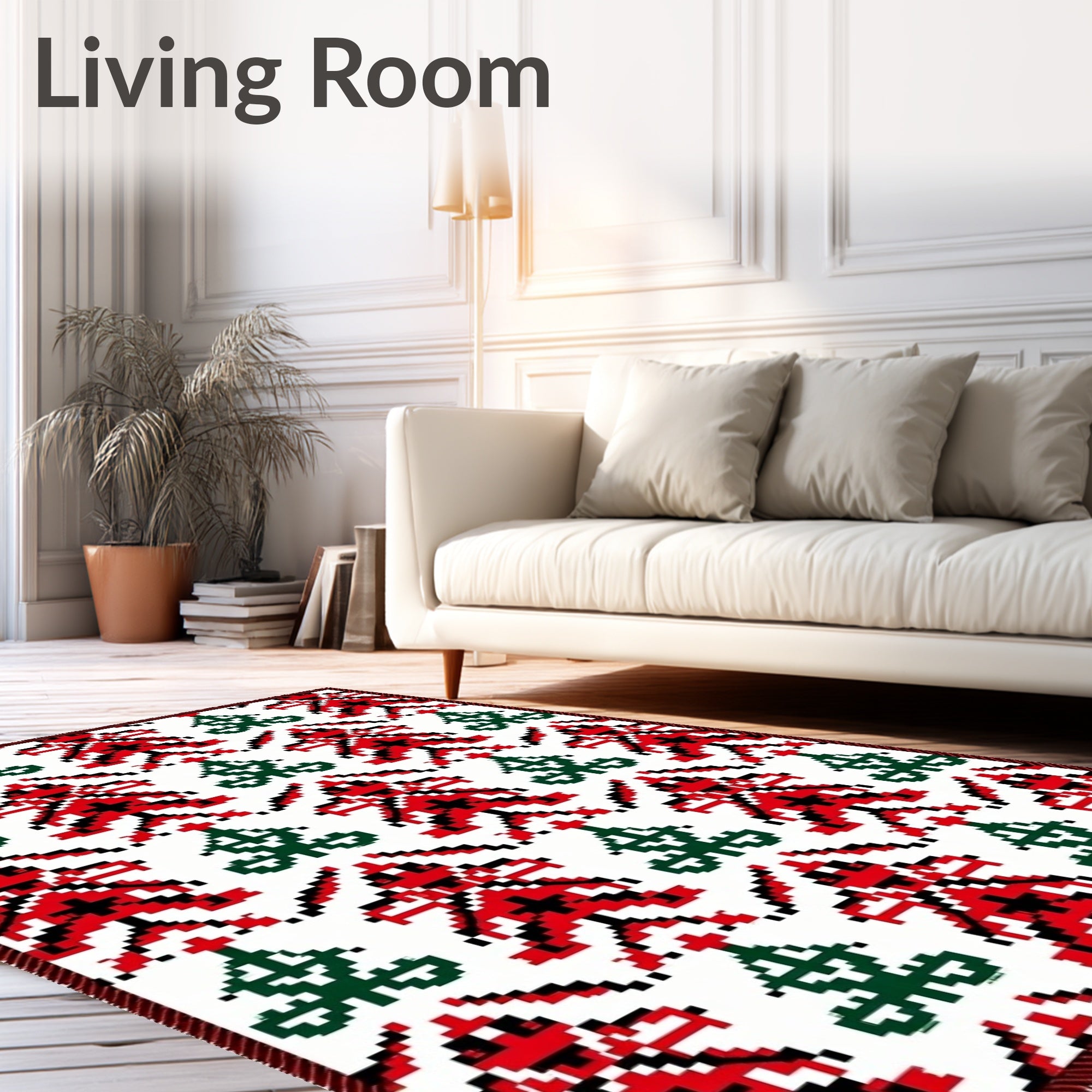 Embroidered Red Green Tree Repeat Rug