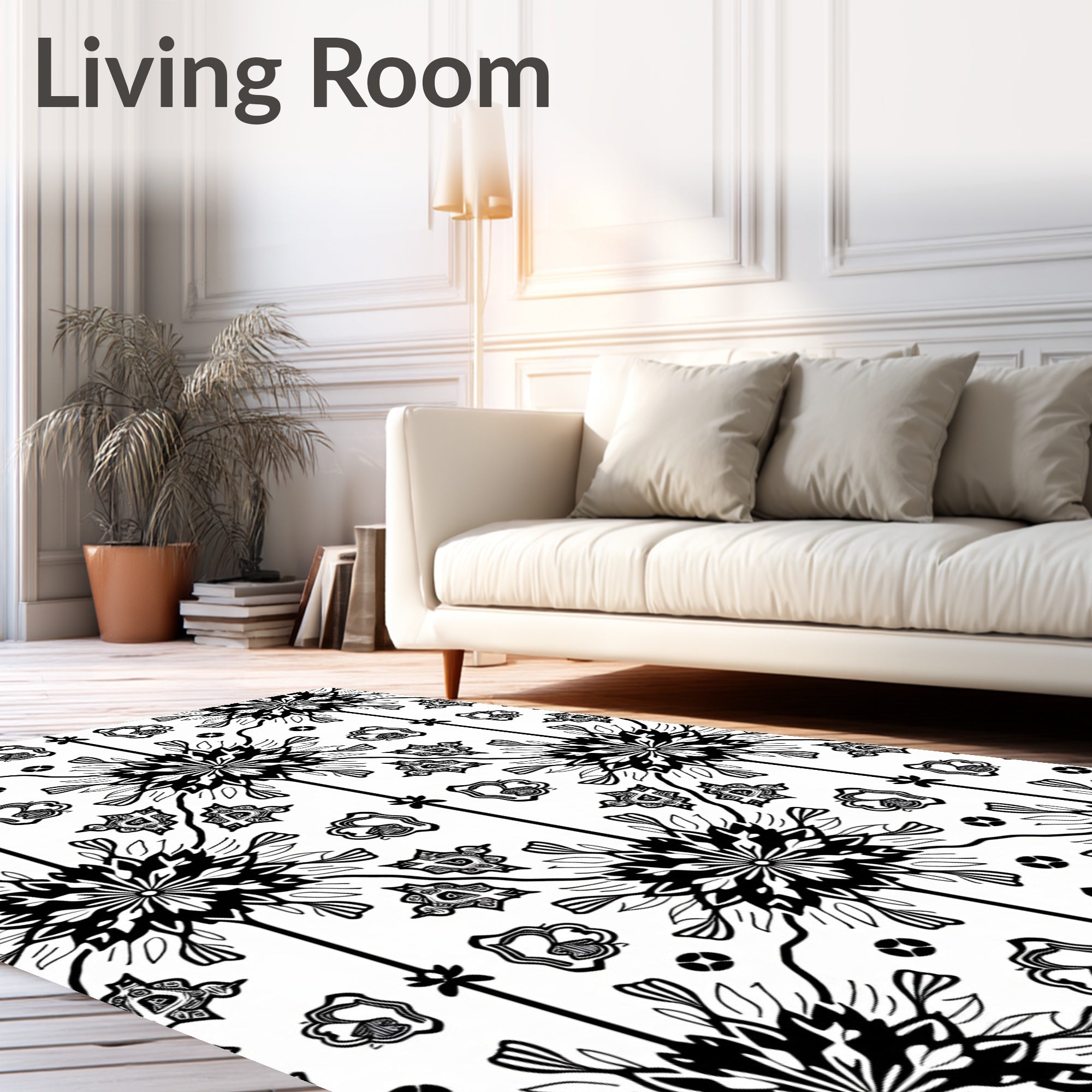 Black White Floral Symmetry Tile Rug