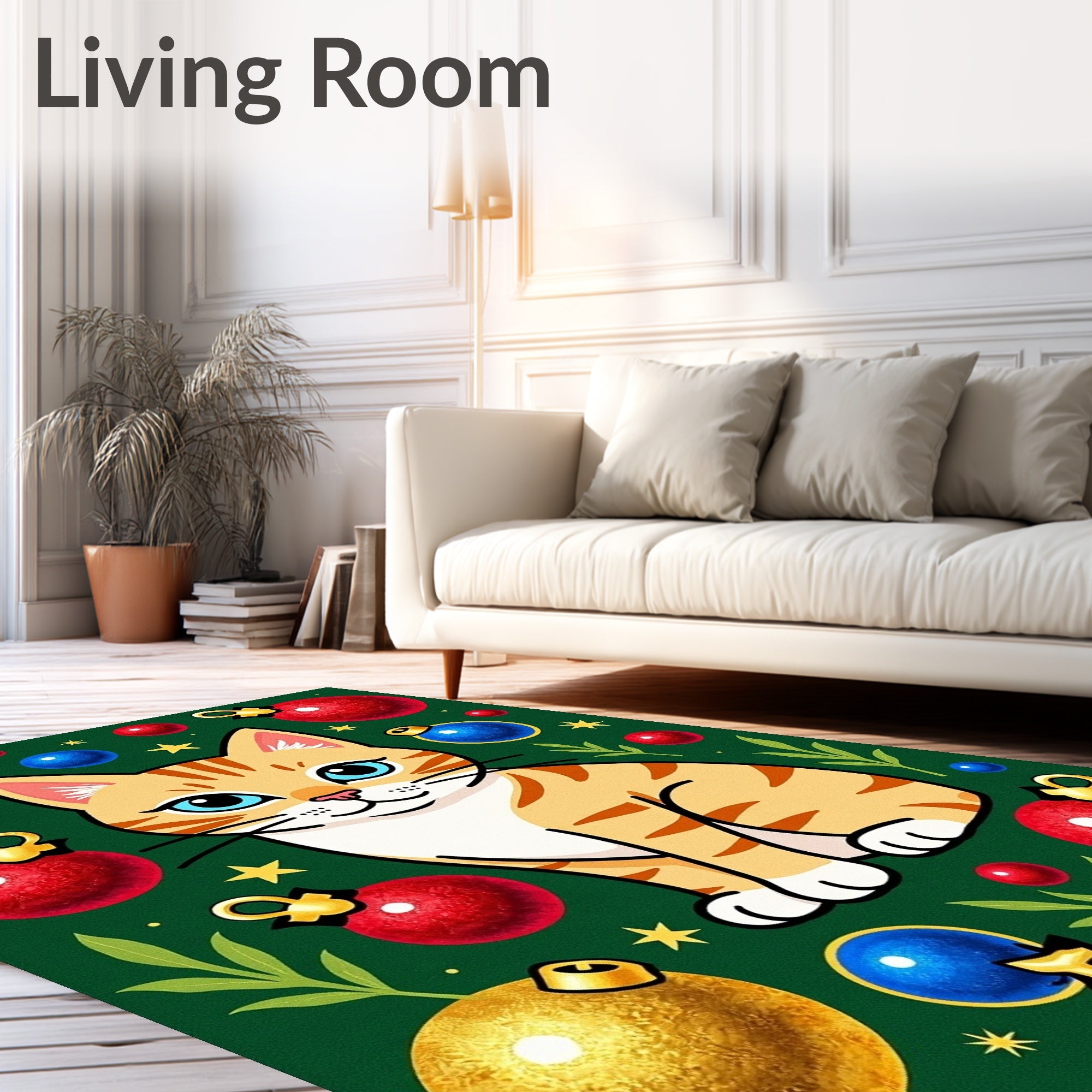 Ginger Cat Ornaments Green Christmas Rug
