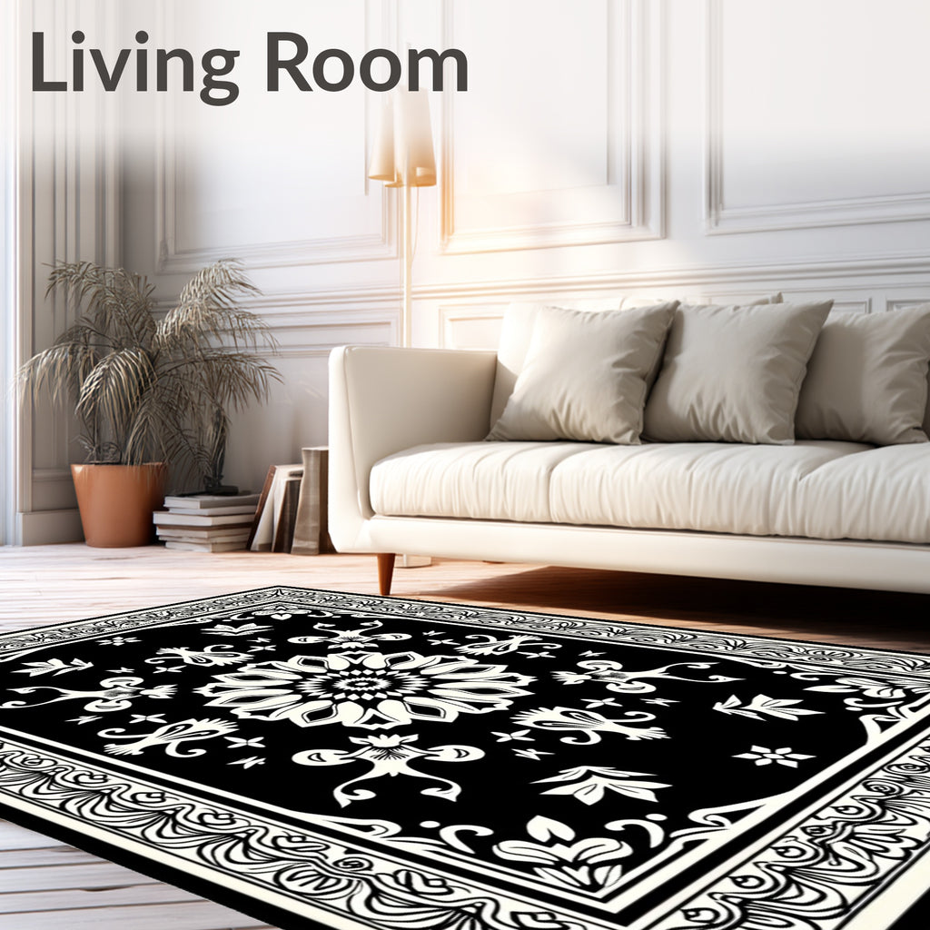 Black White Floral Medallion Garden Rug