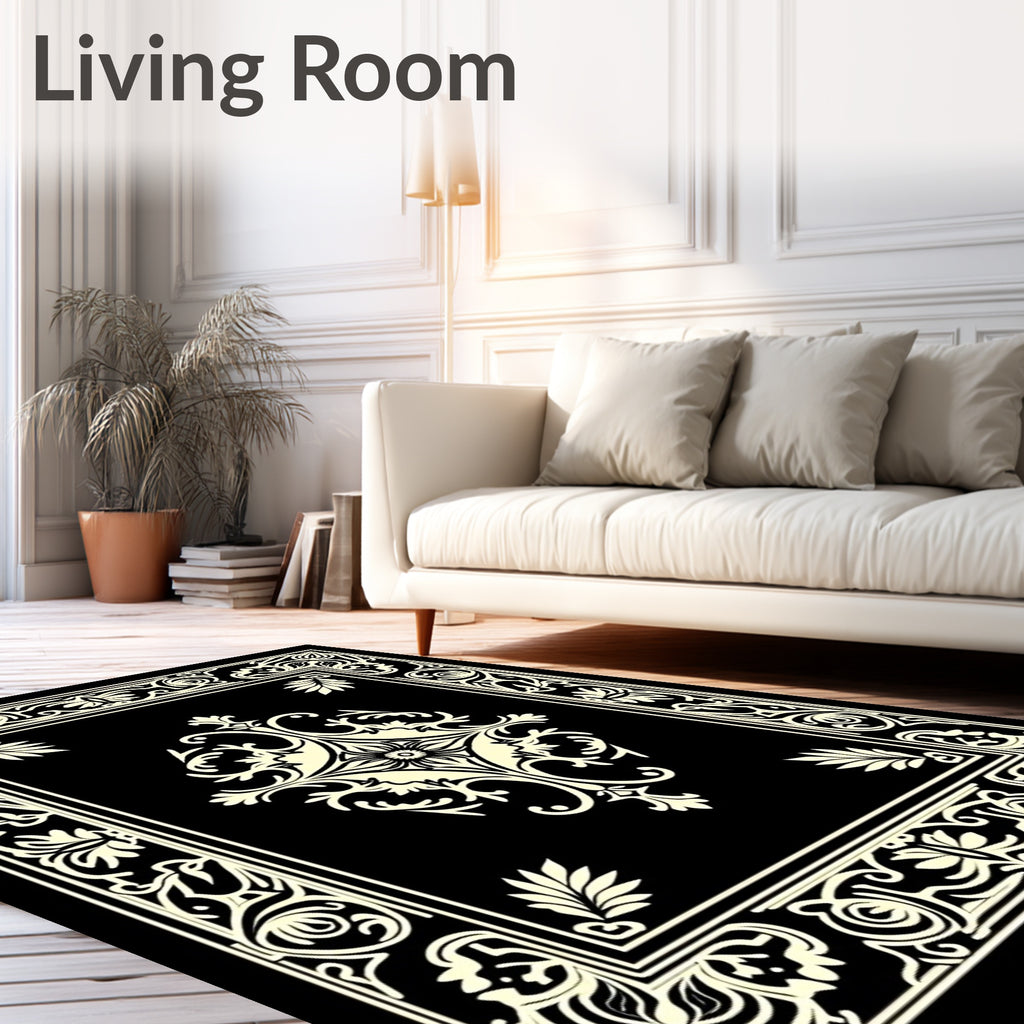 Black White Cream Scrollwork Medallion Border Rug