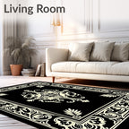 Black White Cream Scrollwork Medallion Border Rug