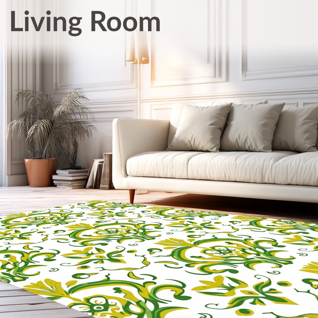 Green Yellow Floral Damask Rug