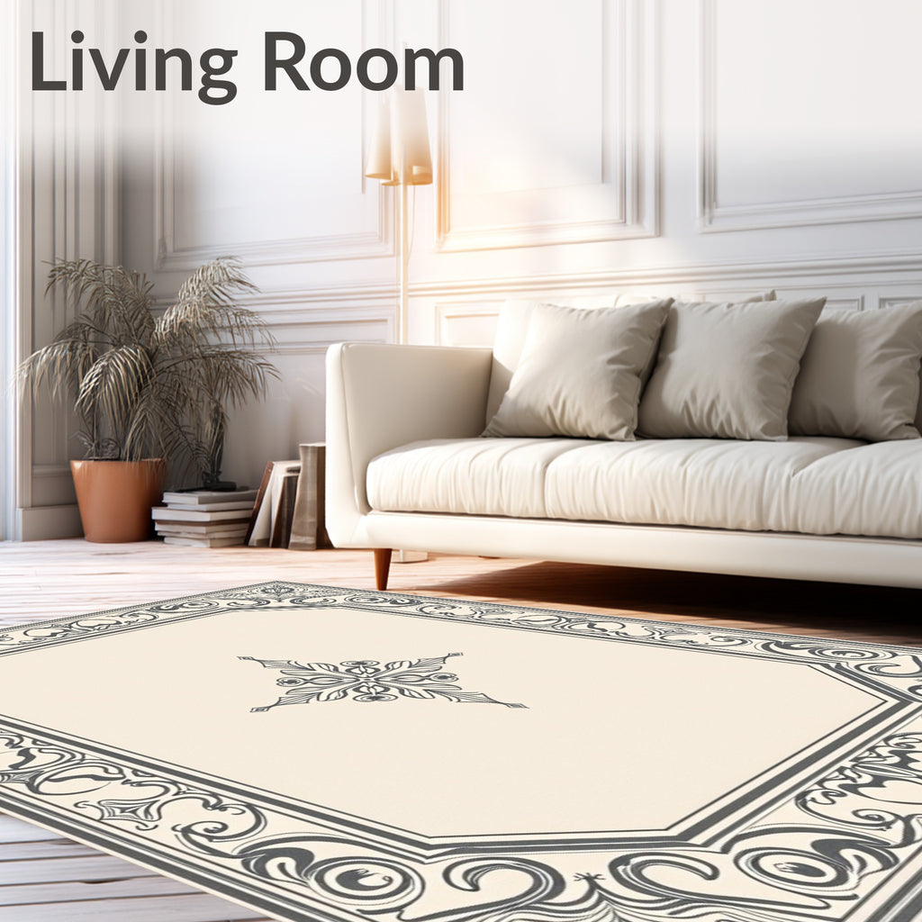 Ornate Gray Floral Border Cream Rug