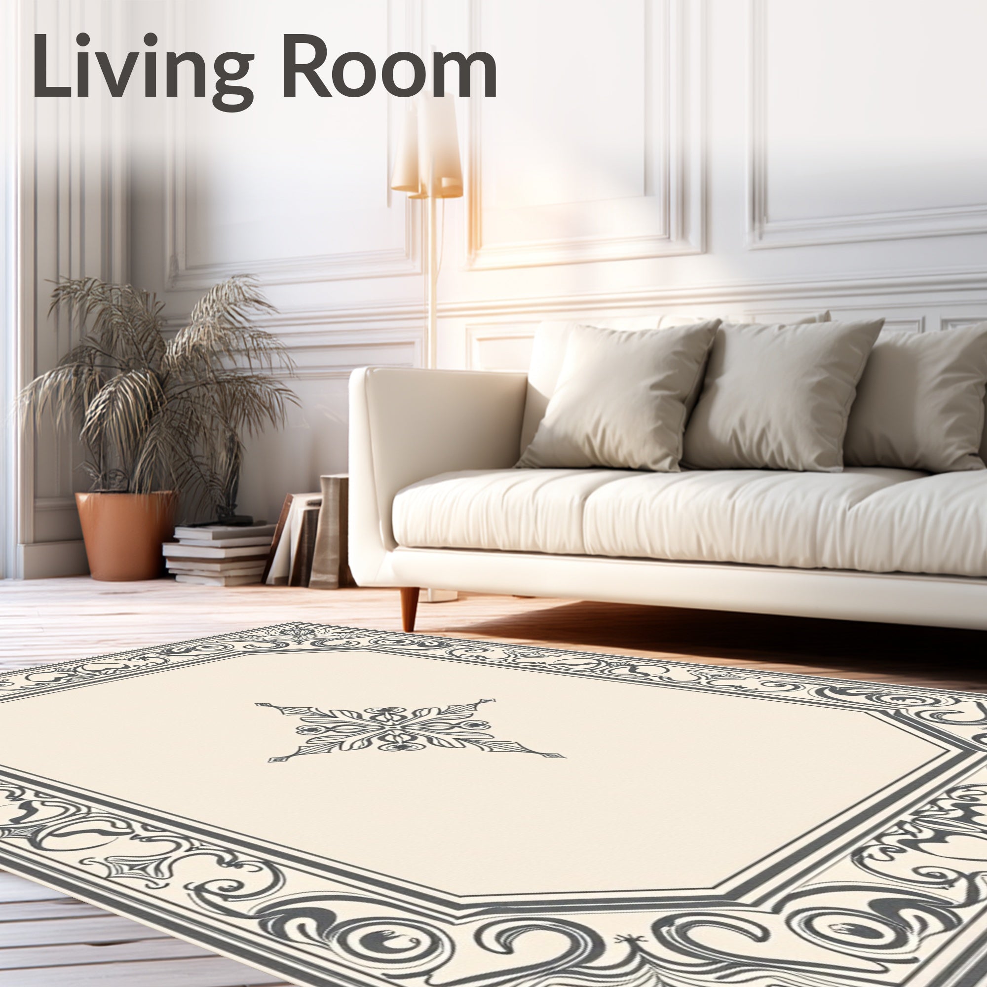 Ornate Gray Floral Border Cream Rug