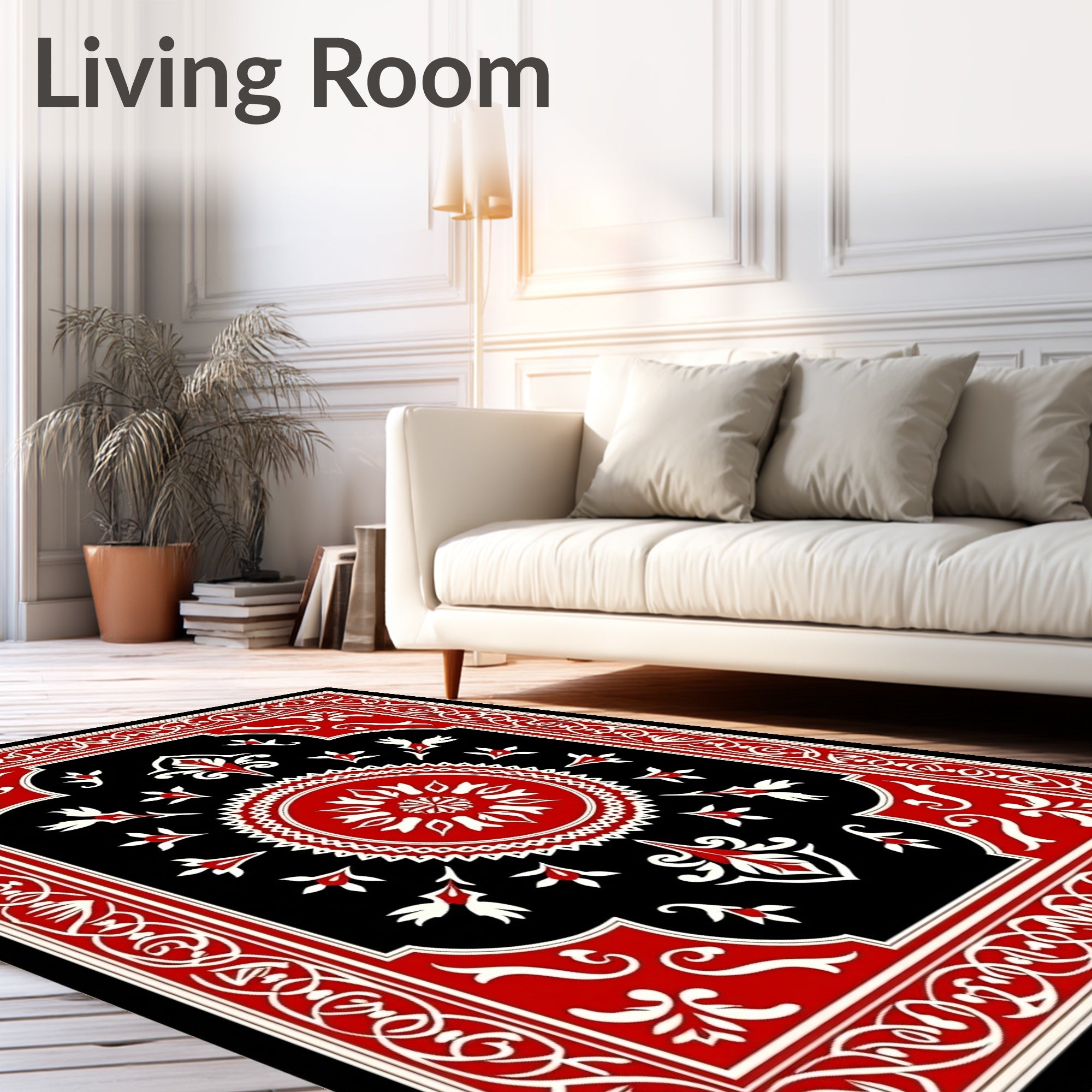 Ornate Red Black Floral Medallion Rug