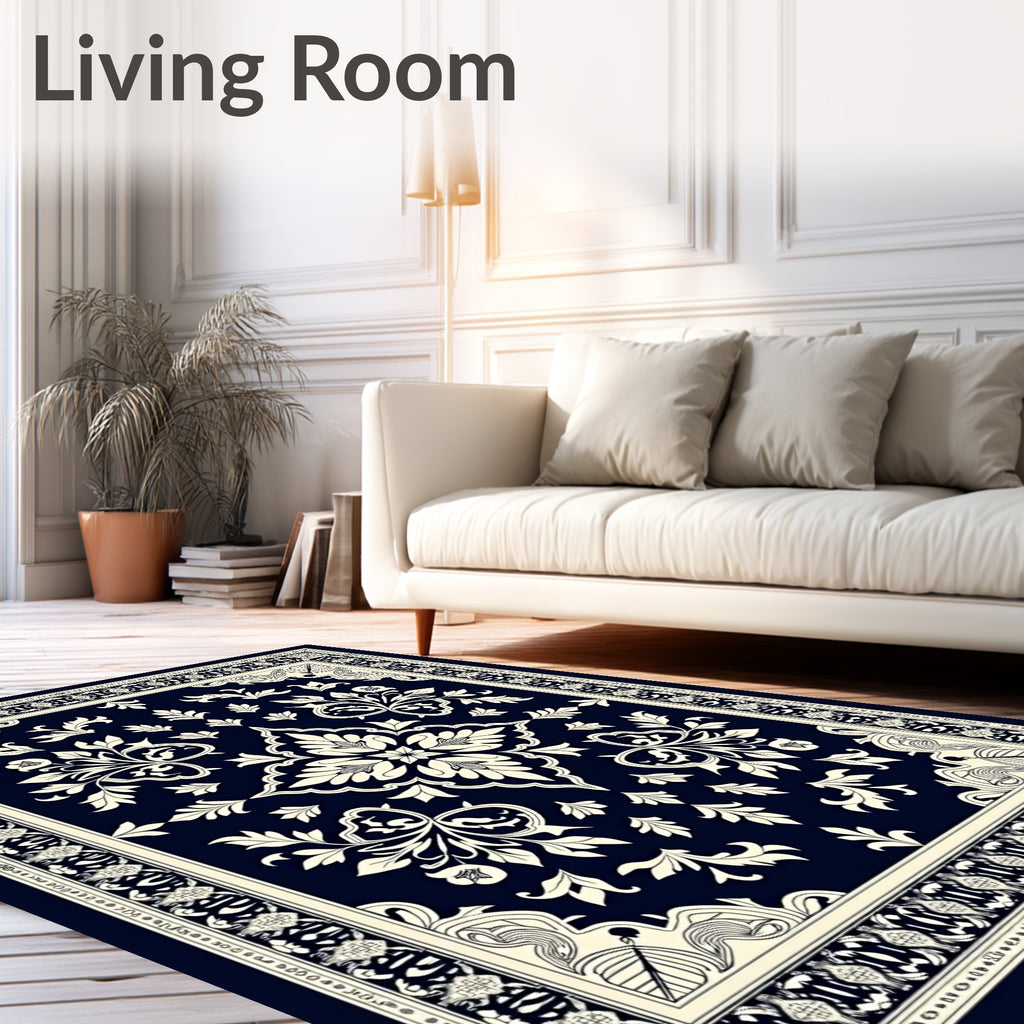 Navy Cream Damask Floral Medallion Rug