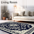 Navy Cream Damask Floral Medallion Rug