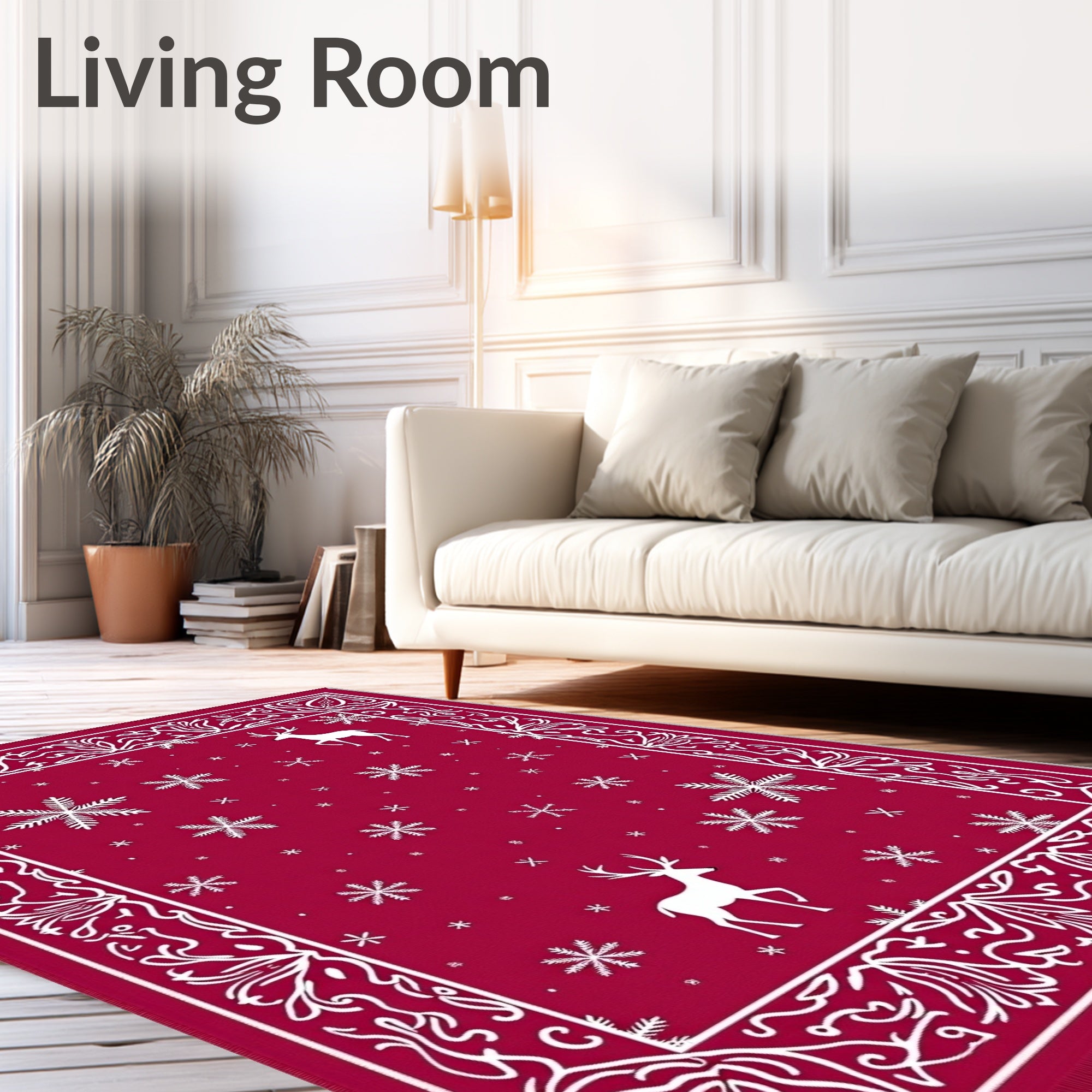 Crimson Snowflake Reindeer Border Rug