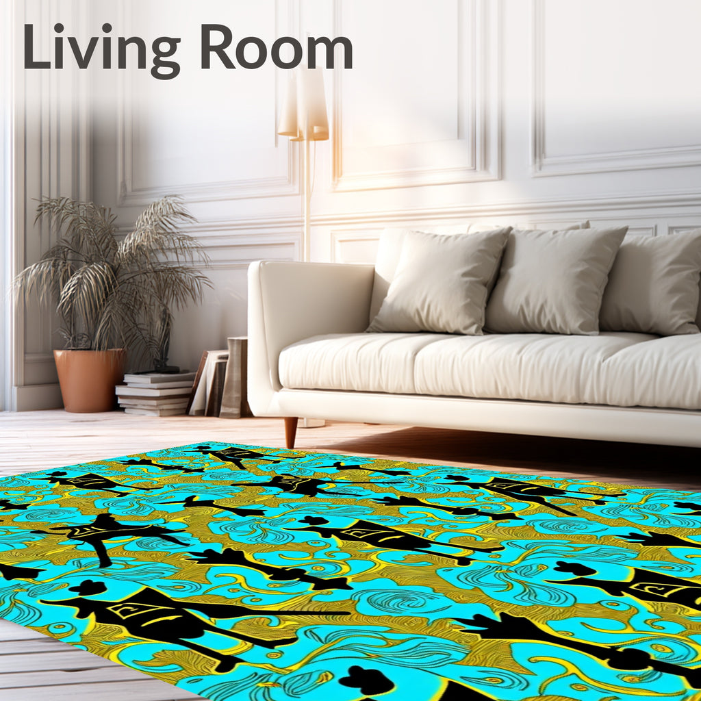 Black Folk Art Turquoise Golden Swirl Rug