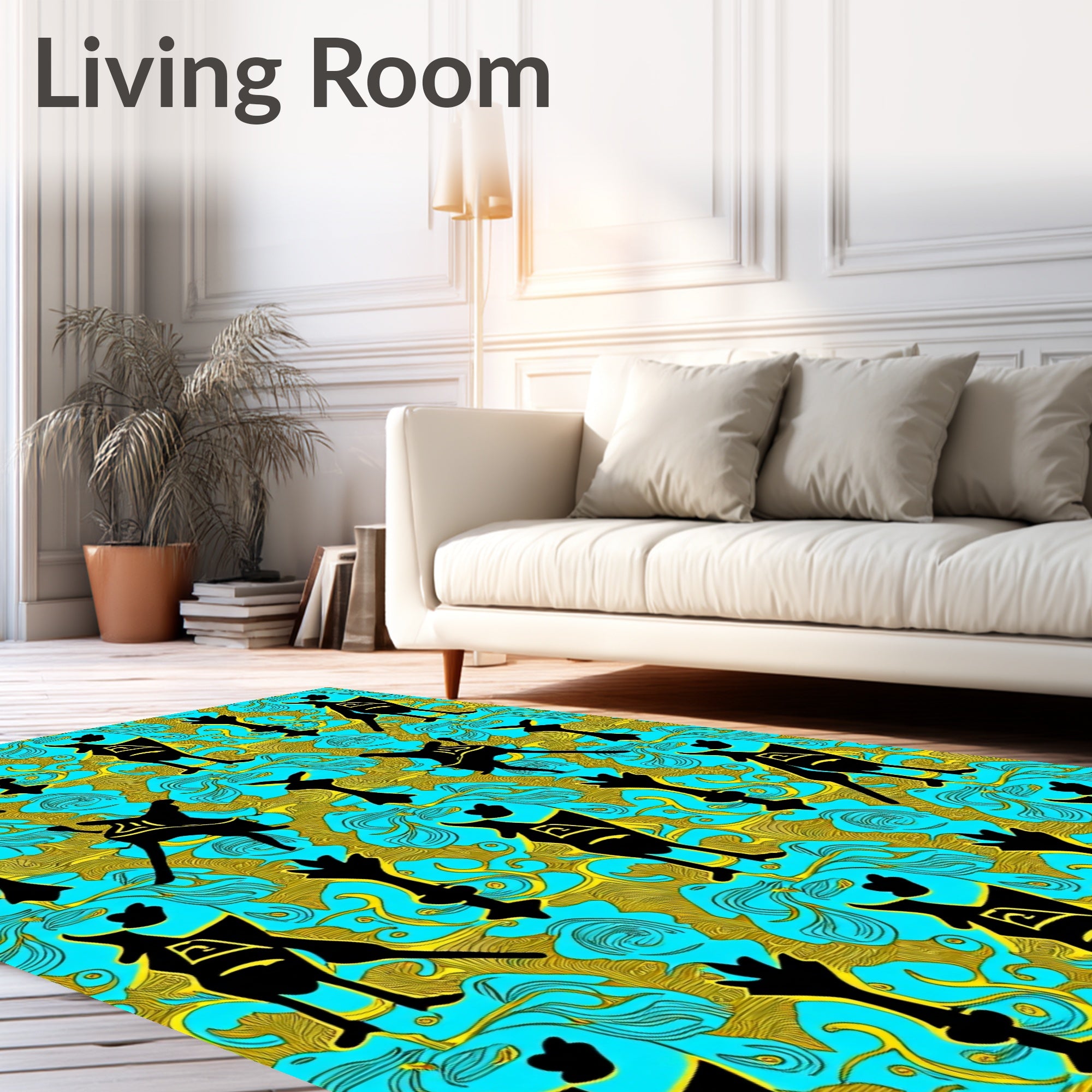 Black Folk Art Turquoise Golden Swirl Rug