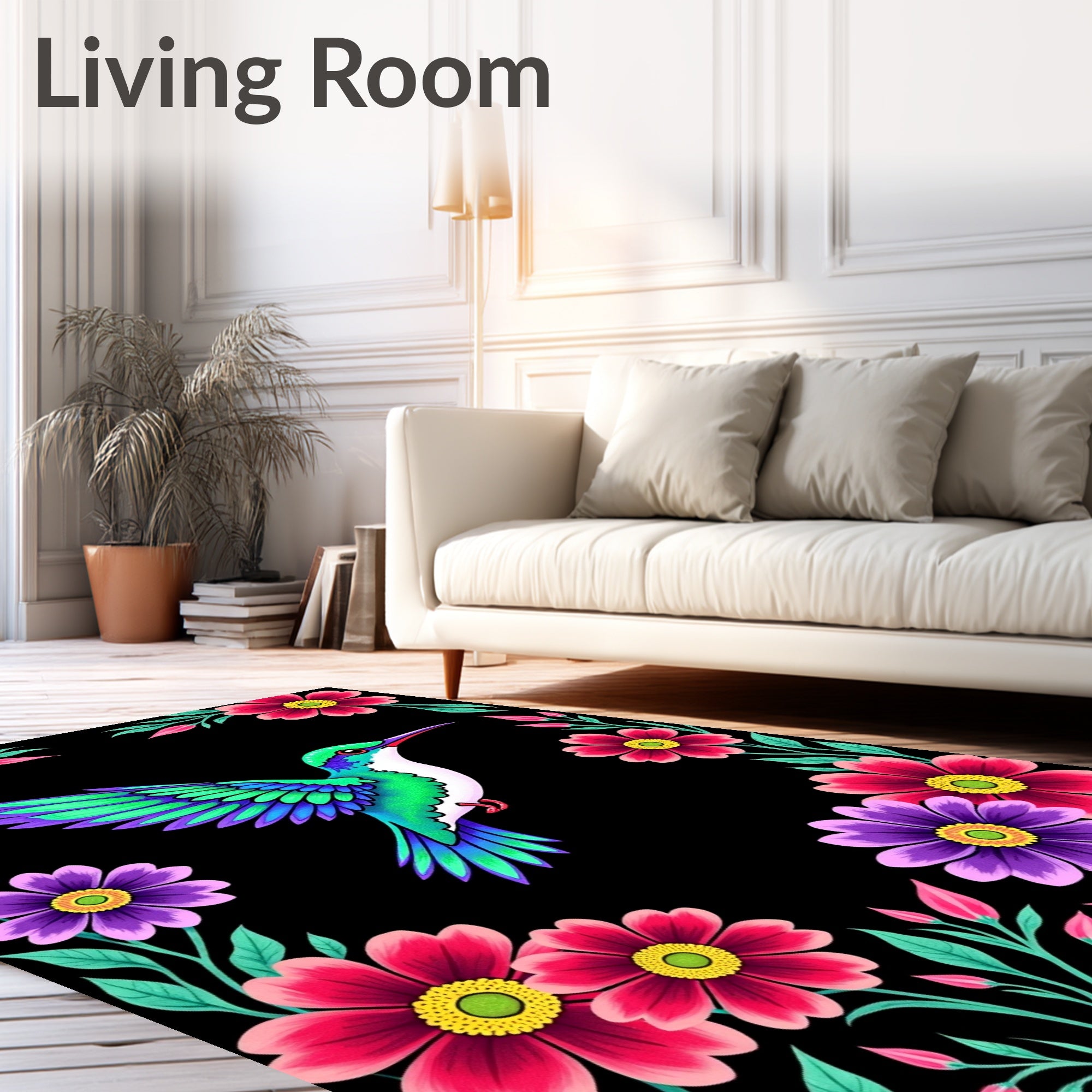 Colorful Hummingbird Floral Frame Rug