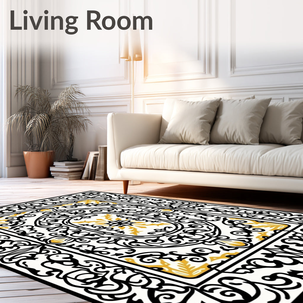 Ornate Black Gold Scrollwork Medallion Rug