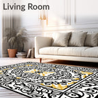 Ornate Black Gold Scrollwork Medallion Rug