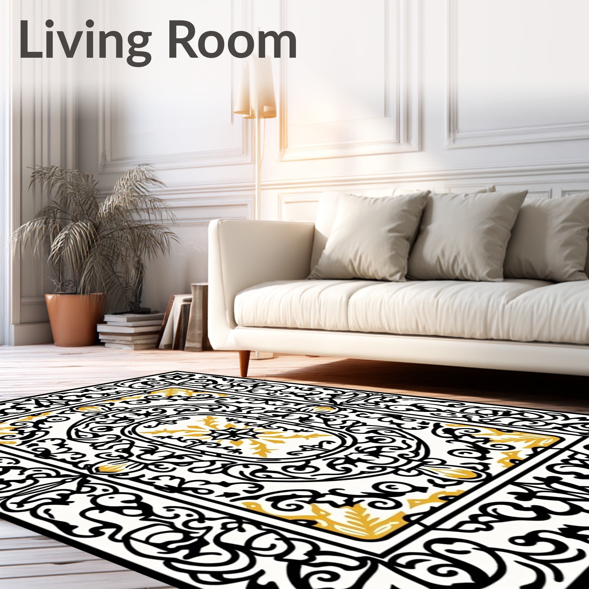 Ornate Black Gold Scrollwork Medallion Rug