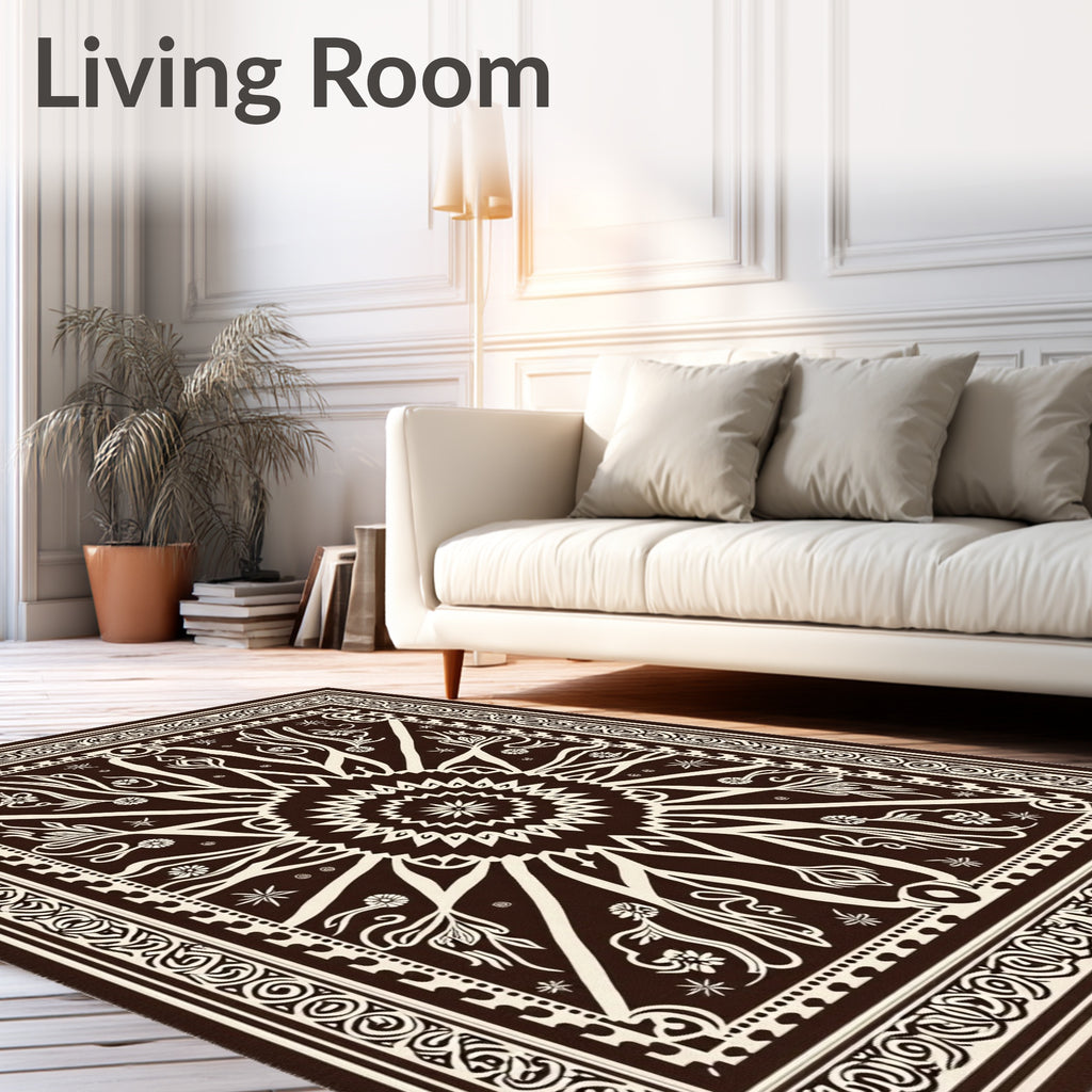 Dark Brown White Floral Sunburst Mandala Rug