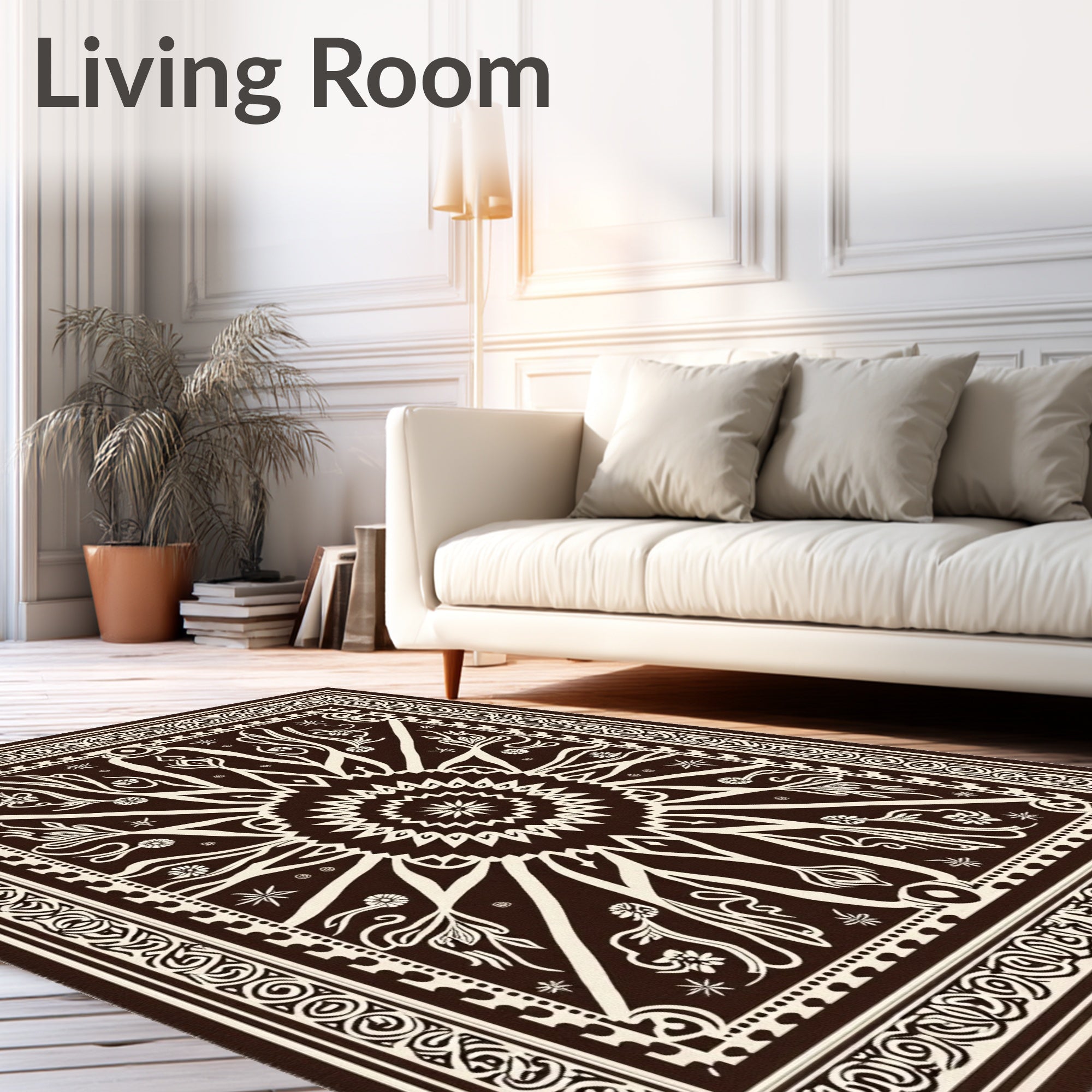Dark Brown White Floral Sunburst Mandala Rug