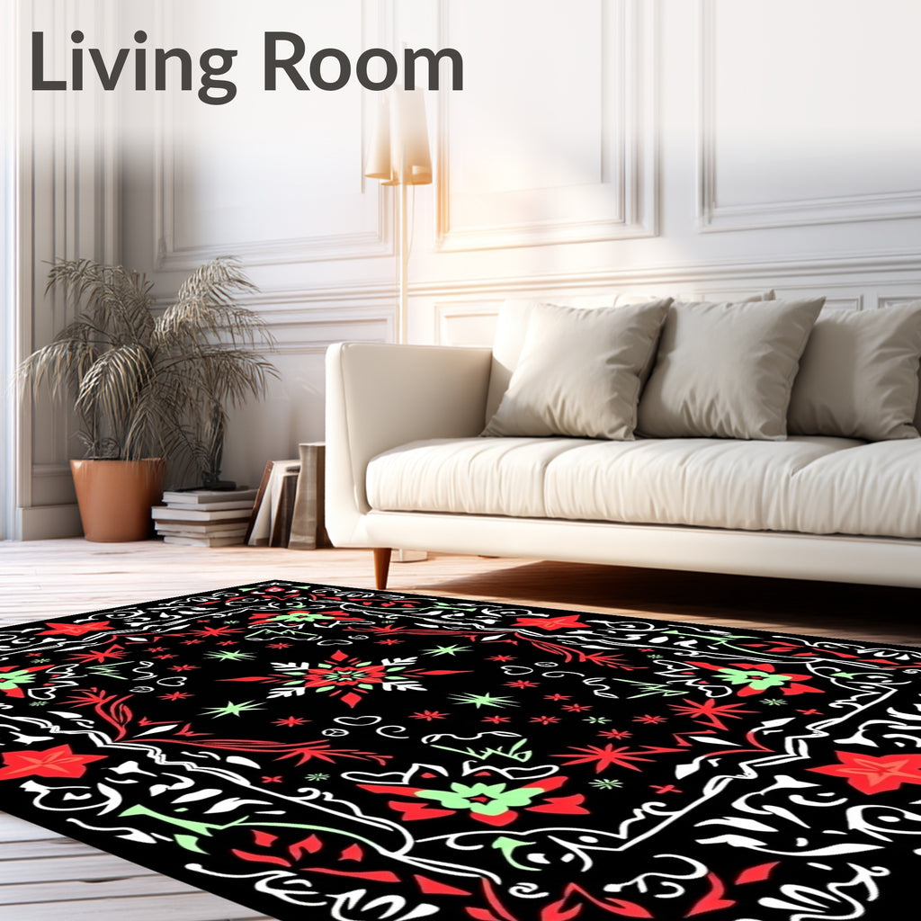 Red Green Starburst Medallion Black Rug