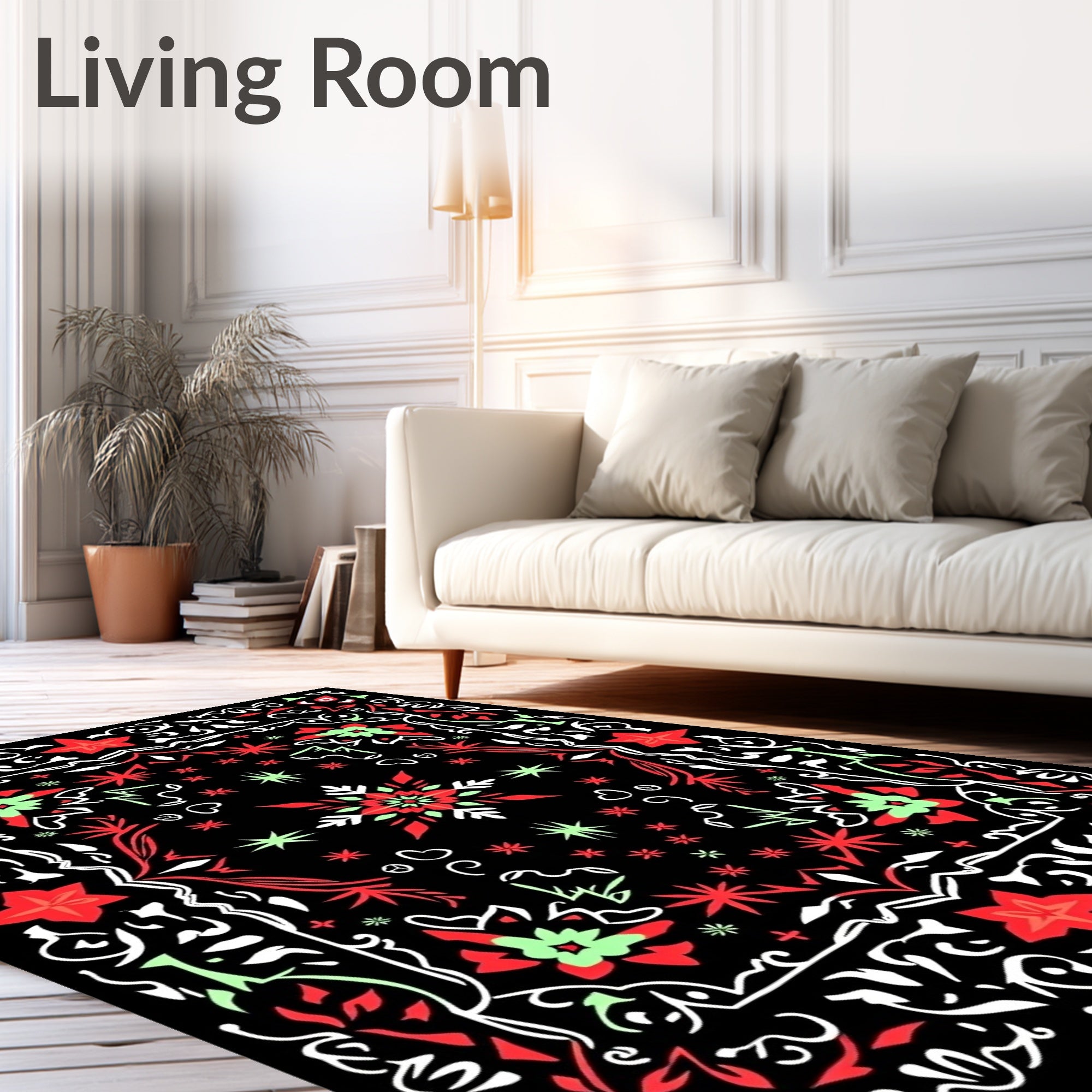 Red Green Starburst Medallion Black Rug