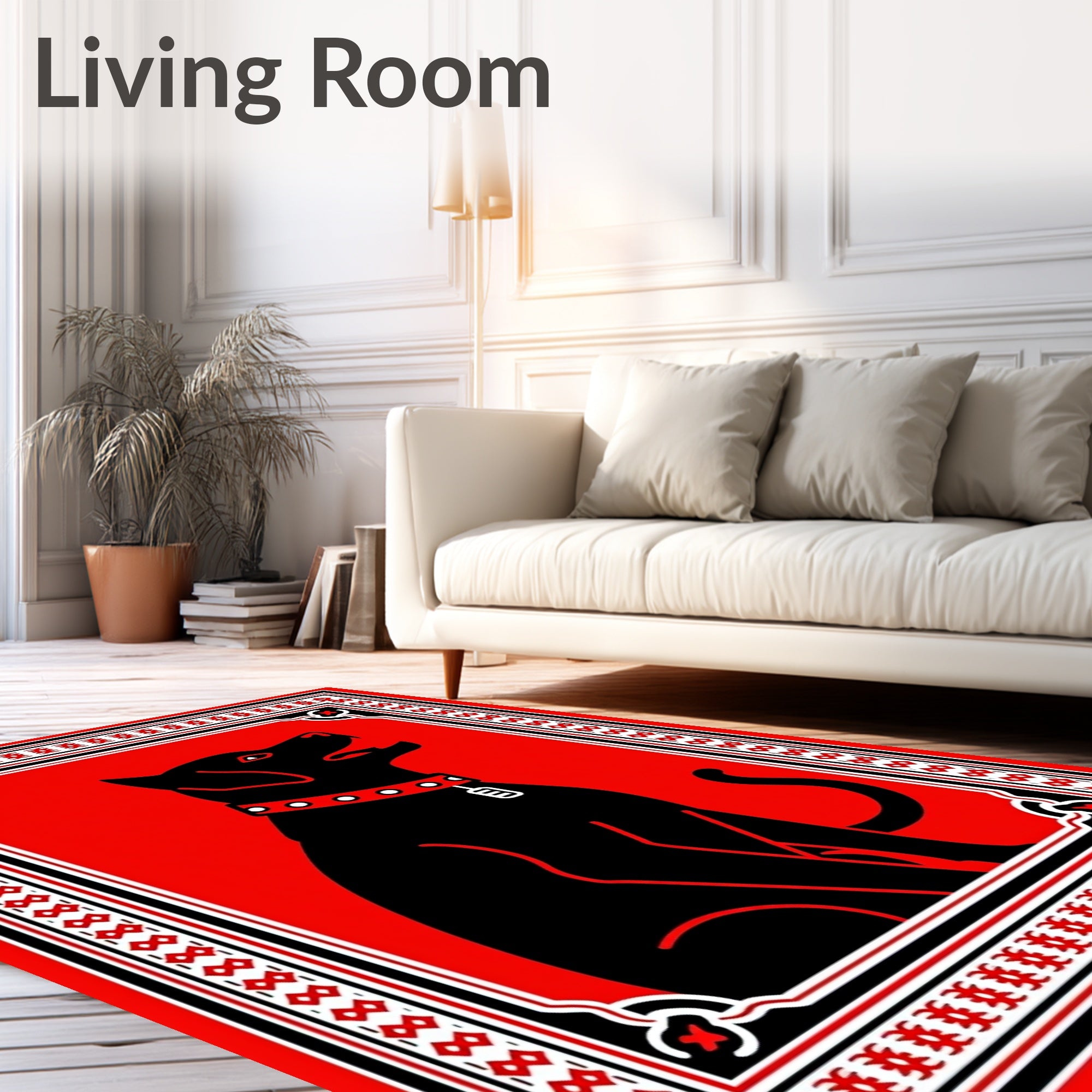 Bold Red Sitting Dog Geometric Border Rug