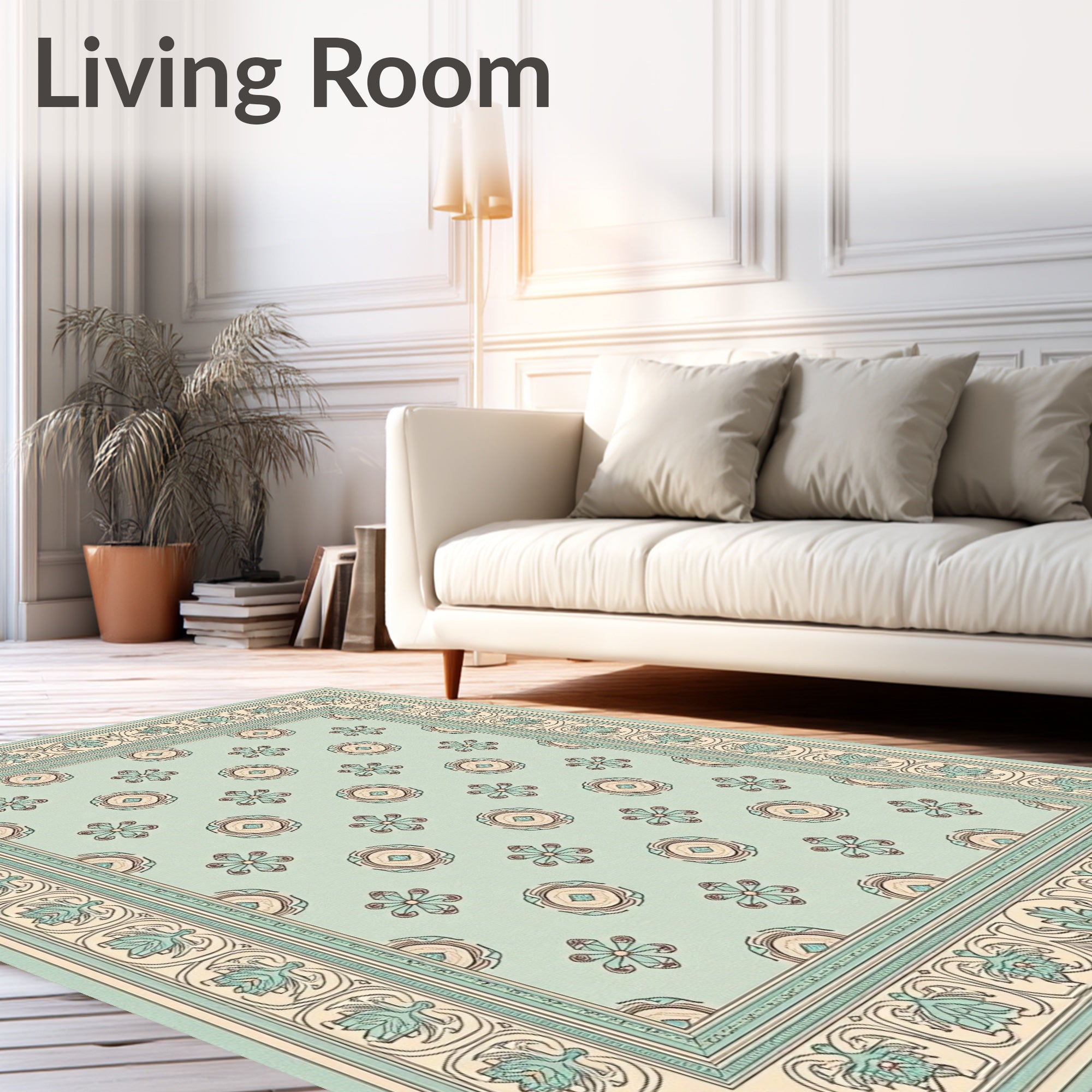 Aqua Cream Floral Medallion Border Rug