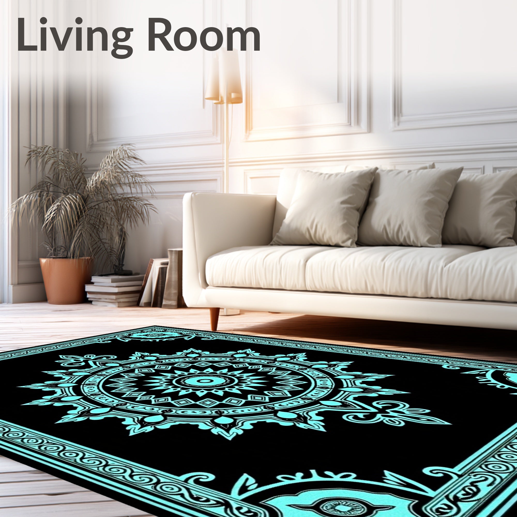 Aqua Black Intricate Medallion Frame Rug