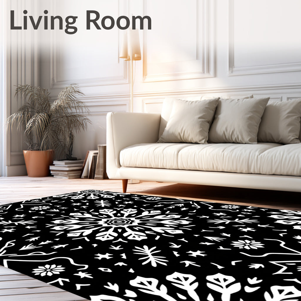 Dark Black White Snowflake Medallion Ornament Rug