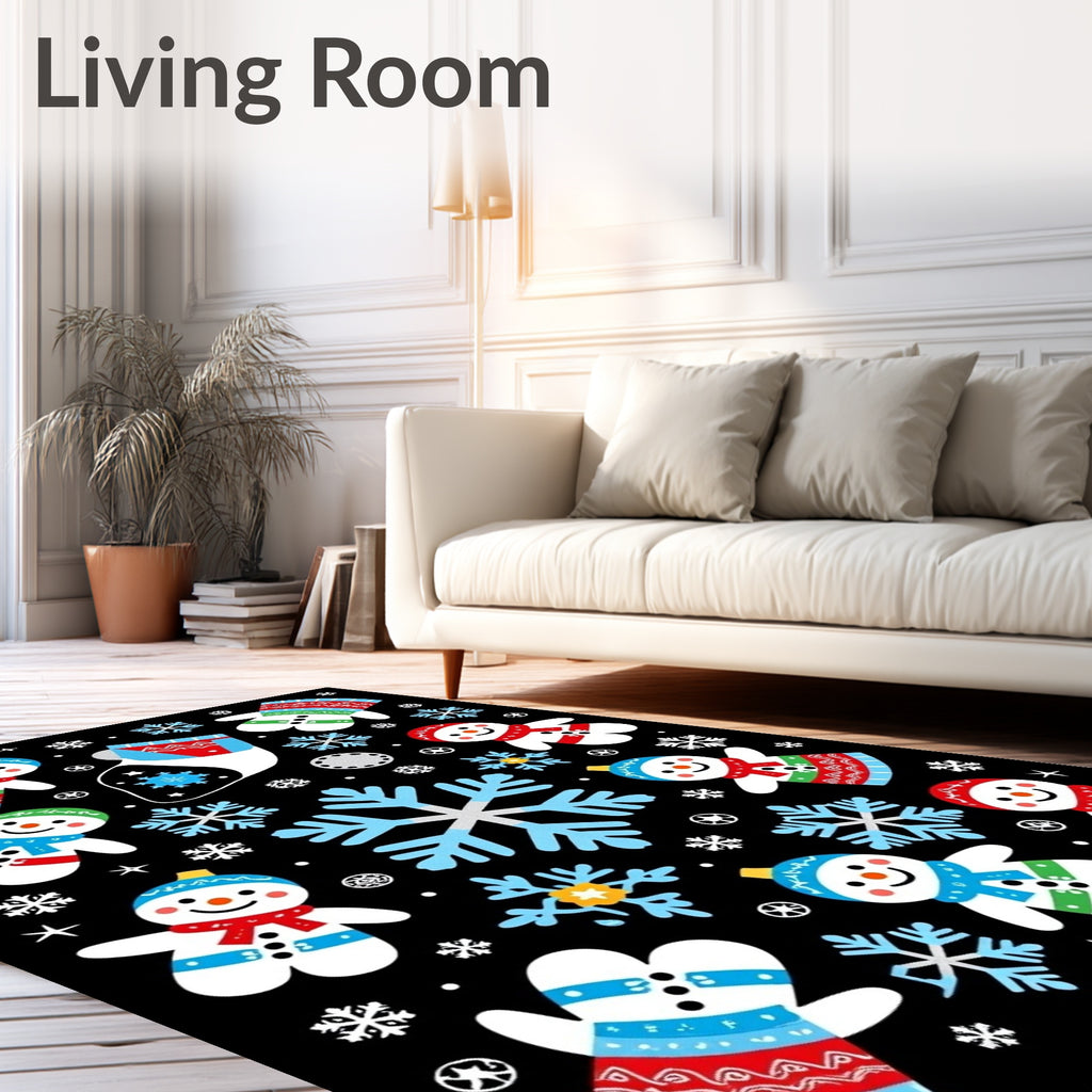 Festive Snowman Mittens Blue Snowflake Black Rug