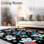 Festive Snowman Mittens Blue Snowflake Black Rug