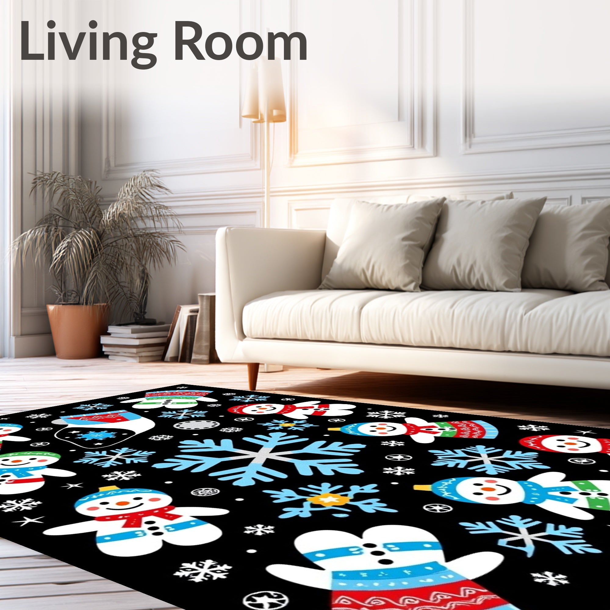 Festive Snowman Mittens Blue Snowflake Black Rug
