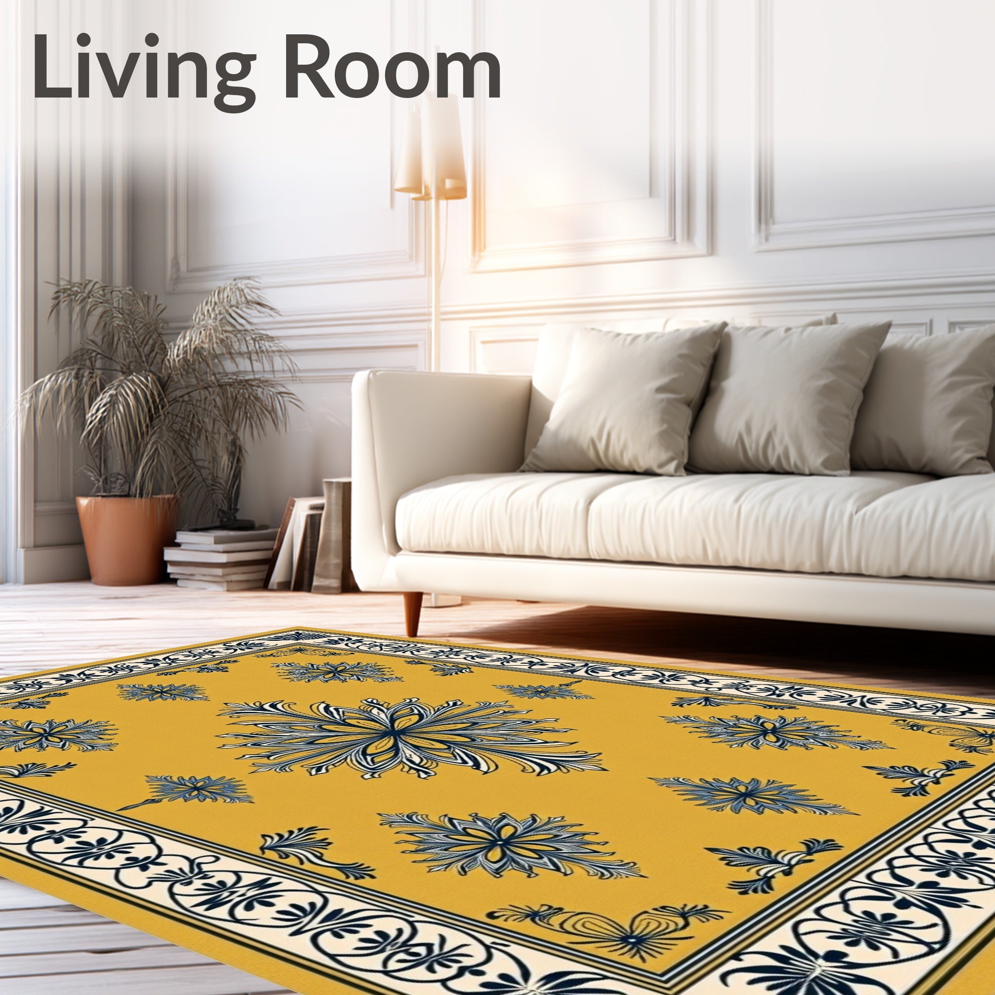 Golden Navy Floral Medallion Border Rug