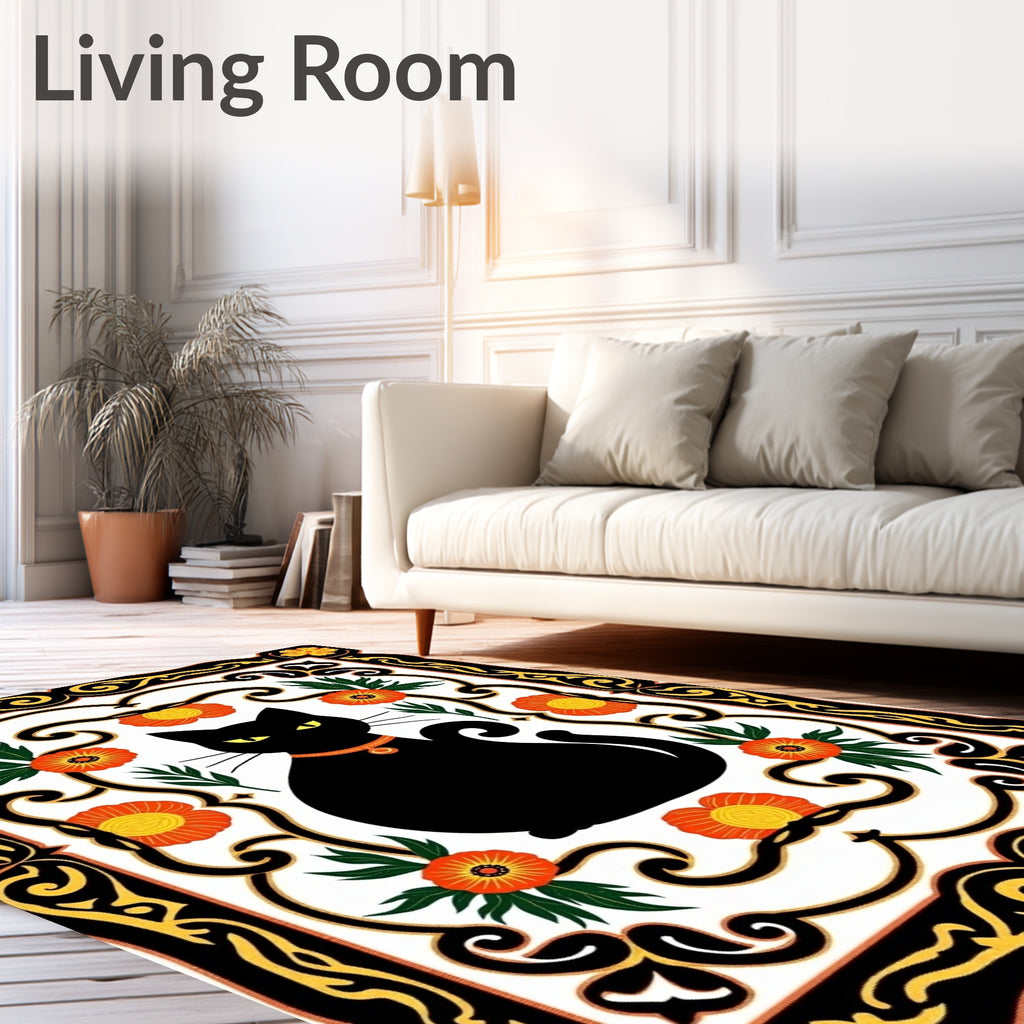 Black Cat Orange Floral Border Rug